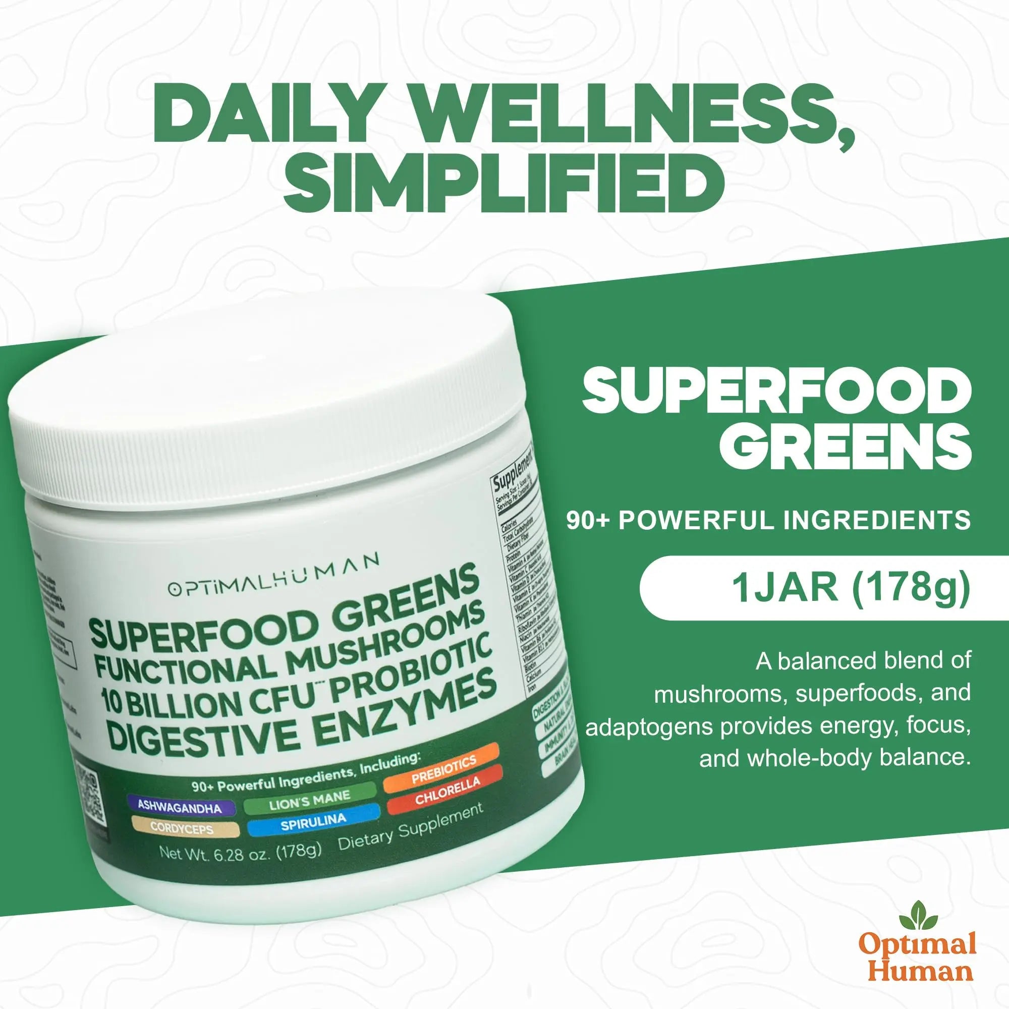 Optimal Human Superfood Greens Powder – 90+ Ingredient Blend with Lion’s Mane Supplement, Ashwagandha & Turmeric O H buy supplements canada