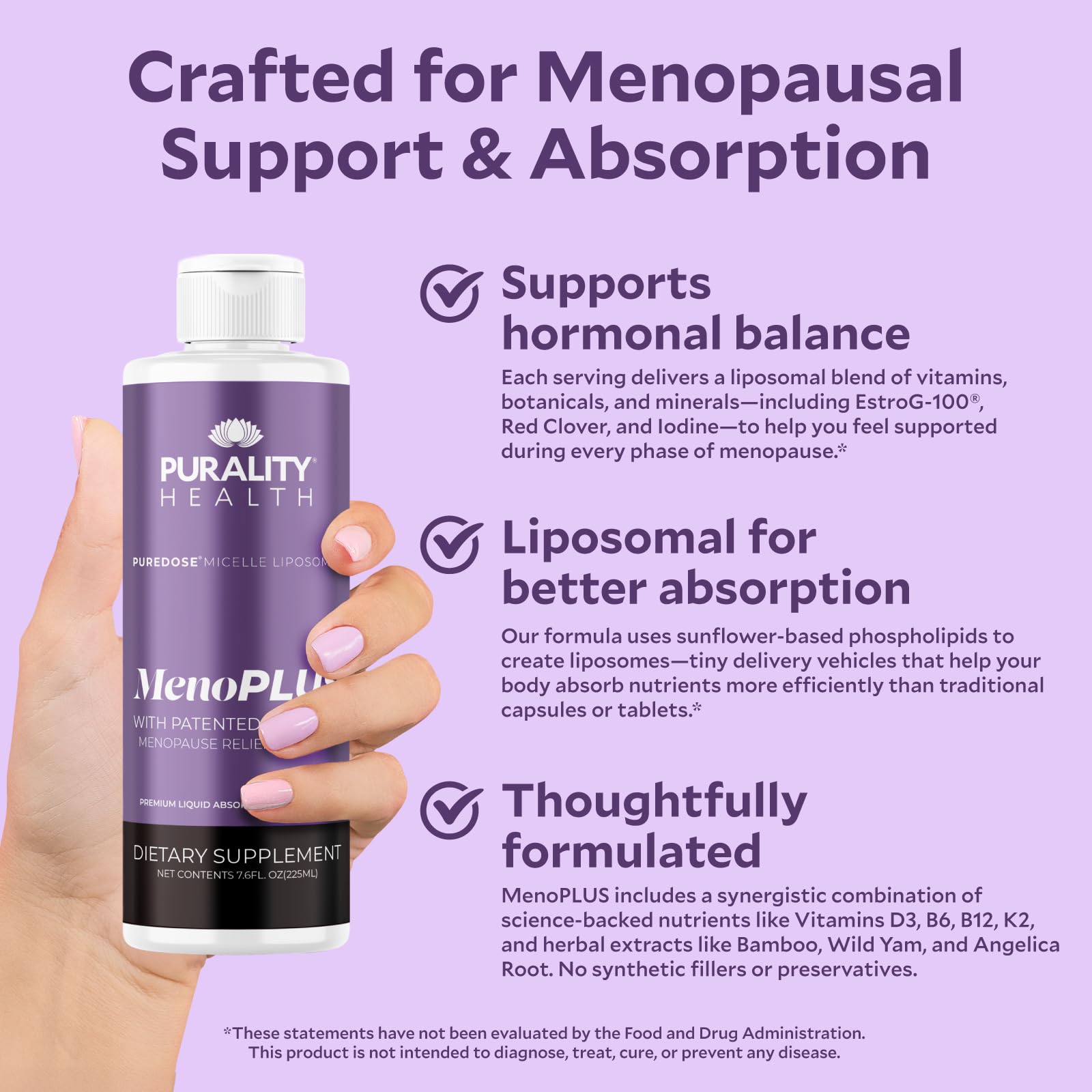 PURALITY HEALTH MenoPLUS Liposomal Menopause Supplement for Women | EstroG-100®, Vitamins D3, B6, B12 & K2 | Iodine | Hormonal Balance & Mood Support PURALITY HEALTH buy supplements canada