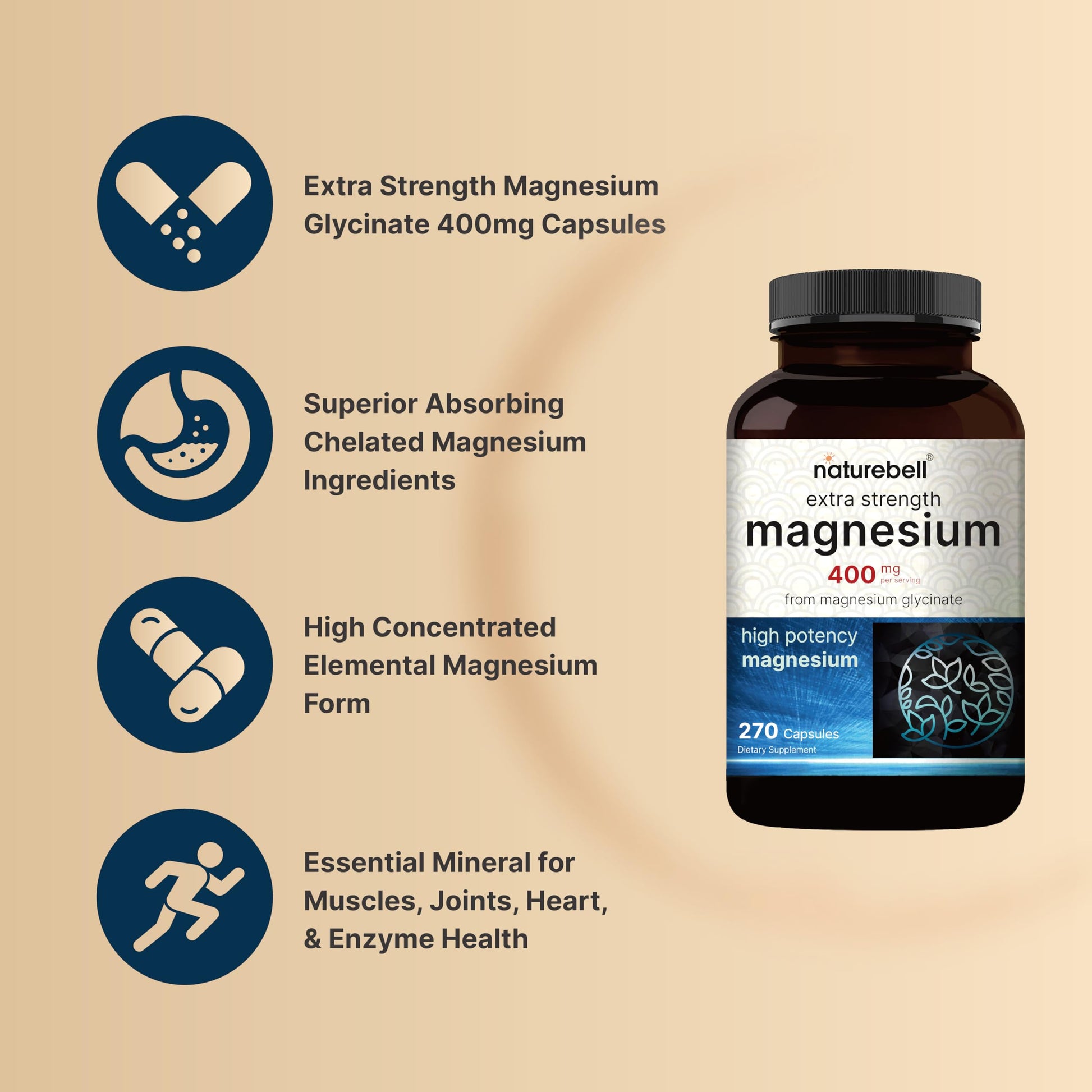 NatureBell Magnesium Glycinate 400mg Elemental, 270 Capsules | 100% Chelated for High Absorption | Supports Muscle, Bone & Heart Health | Non-GMO, Gluten-Free, Vegan NatureBell buy supplements canada