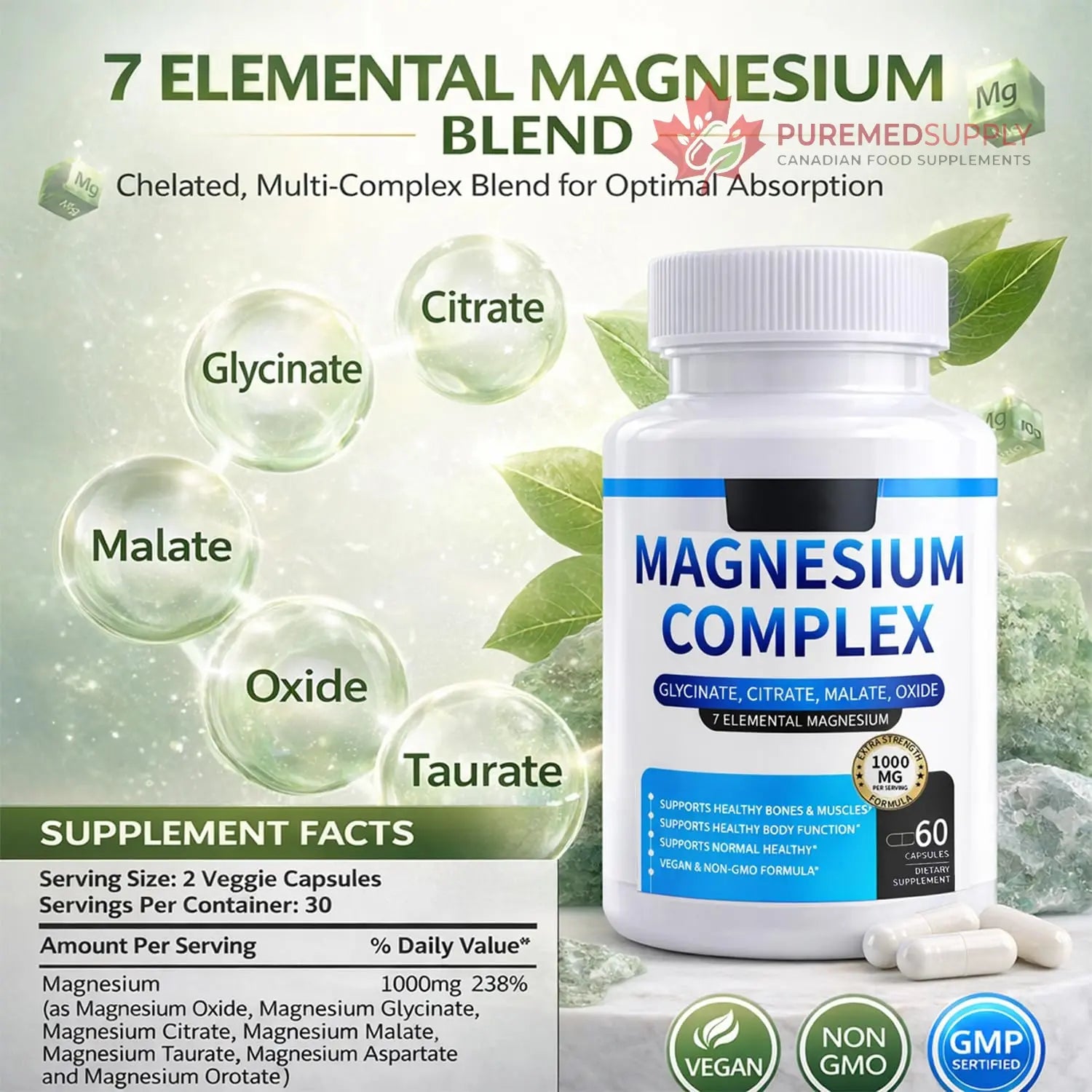 Magnesium Complex for Women & Men 1000mg — 7-in-1 Magnesium (Glycinate, Citrate & Malate) for Sleep Support, Stress Relief, Muscle Recovery — Vegan, 60 Capsules ElixAid buy supplements canada