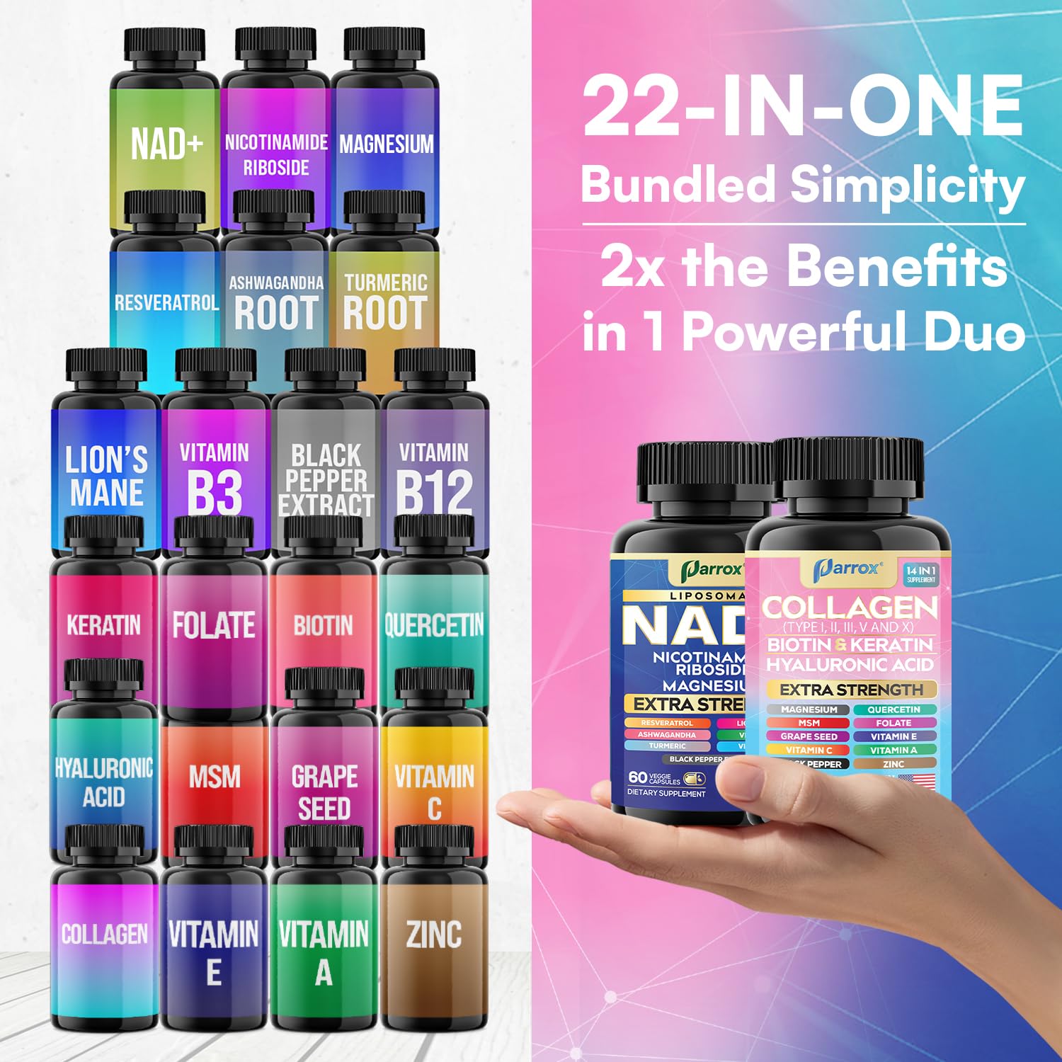 Parrox Forever Young Set with Liposomal NAD, Nicotinamide Riboside, Magnesium, Resveratrol, Lion's Mane, Collagen Peptides Types I, II, III, V and X, Biotin & Keratin, Hyaluronic Acid, Zinc, Quercetin Parrox buy supplements canada