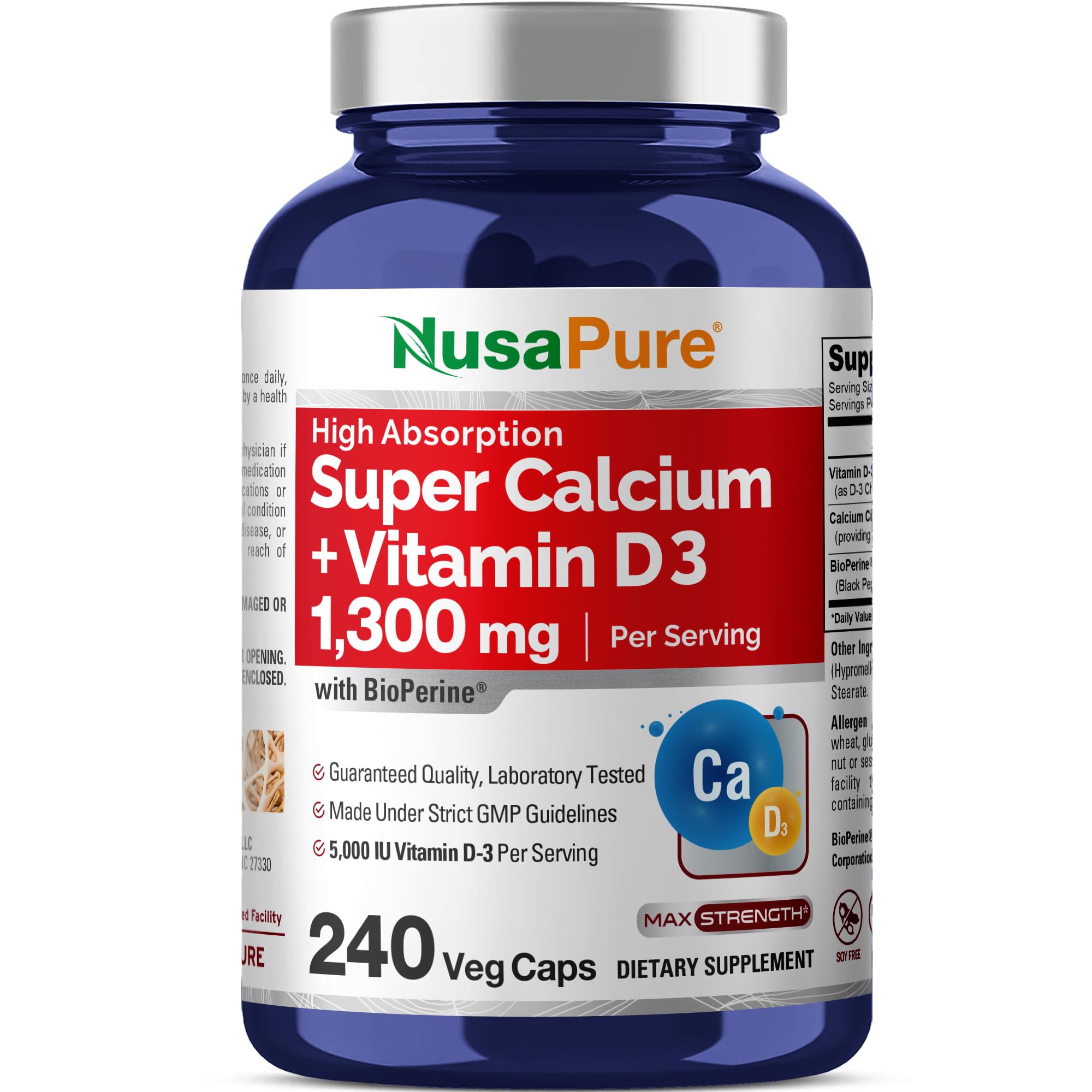 NusaPure Super Calcium with Vitamin D 3 & Calcium Citrate - Suitable for Vegetarian/Vegan, Non - GMO - 1300mg - 240 Capsules NusaPure buy supplements canada