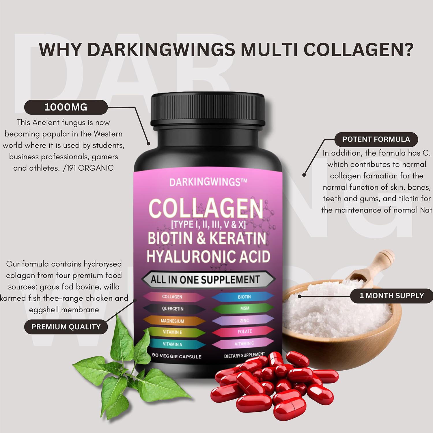 Multi Collagen Pills Peptides Types I, II, III, V & X MCG Biotin Keratin Hyaluronic Acid MSM Vitamin C Zinc Magnesium with Grape Seed Extract, Quercetin - Hair Skin and Nails Vitamins Capsule Darkingwings buy supplements canada