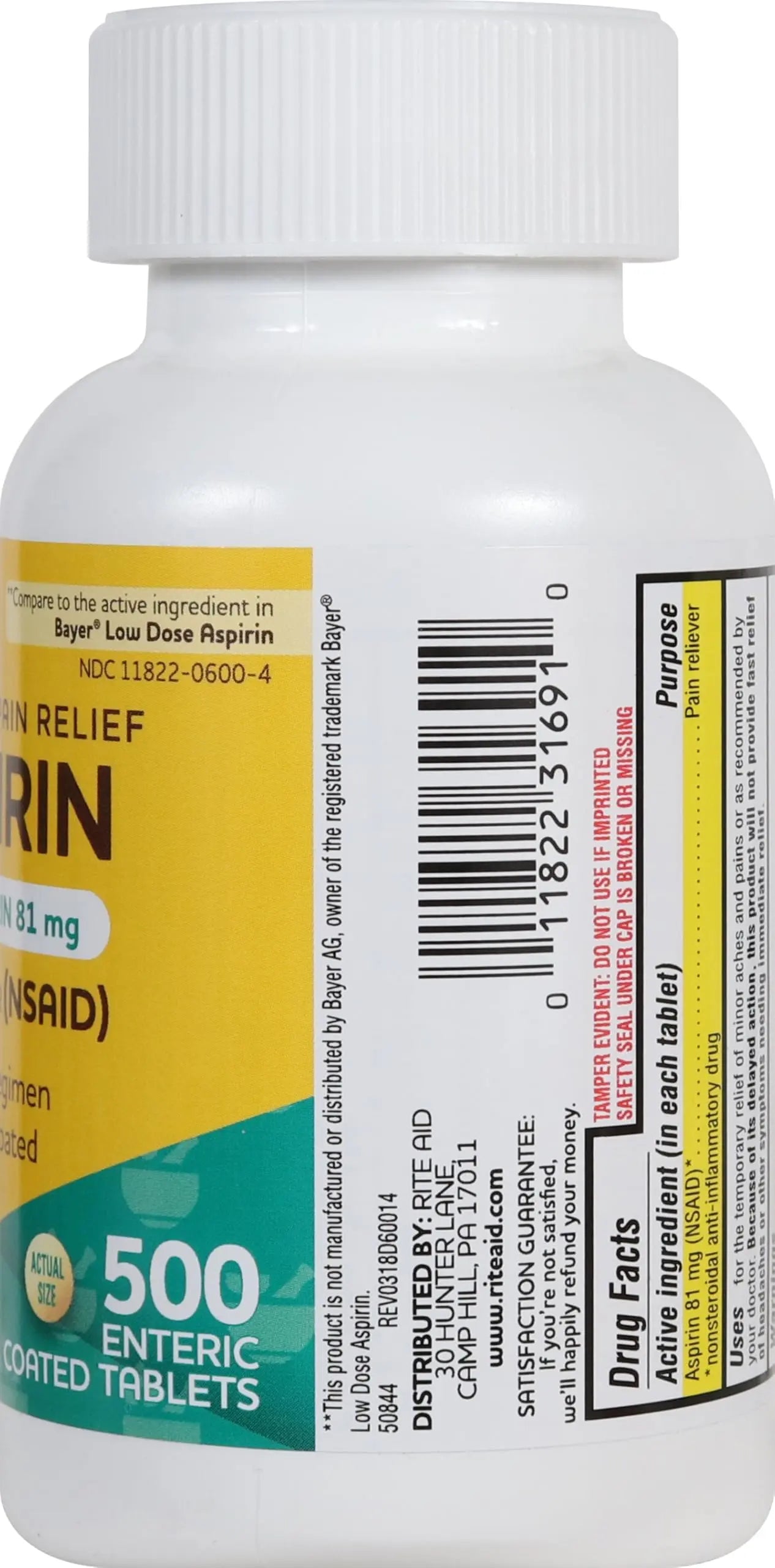 Rite Aid Aspirin Enteric Tablets - 81 mg Aspirin - 500 Count - Low-Dose for Headache Relief - Safety Coated - Aspirin Regimen - Migraine Medicine - Pain Relief Rite Aid buy supplements canada