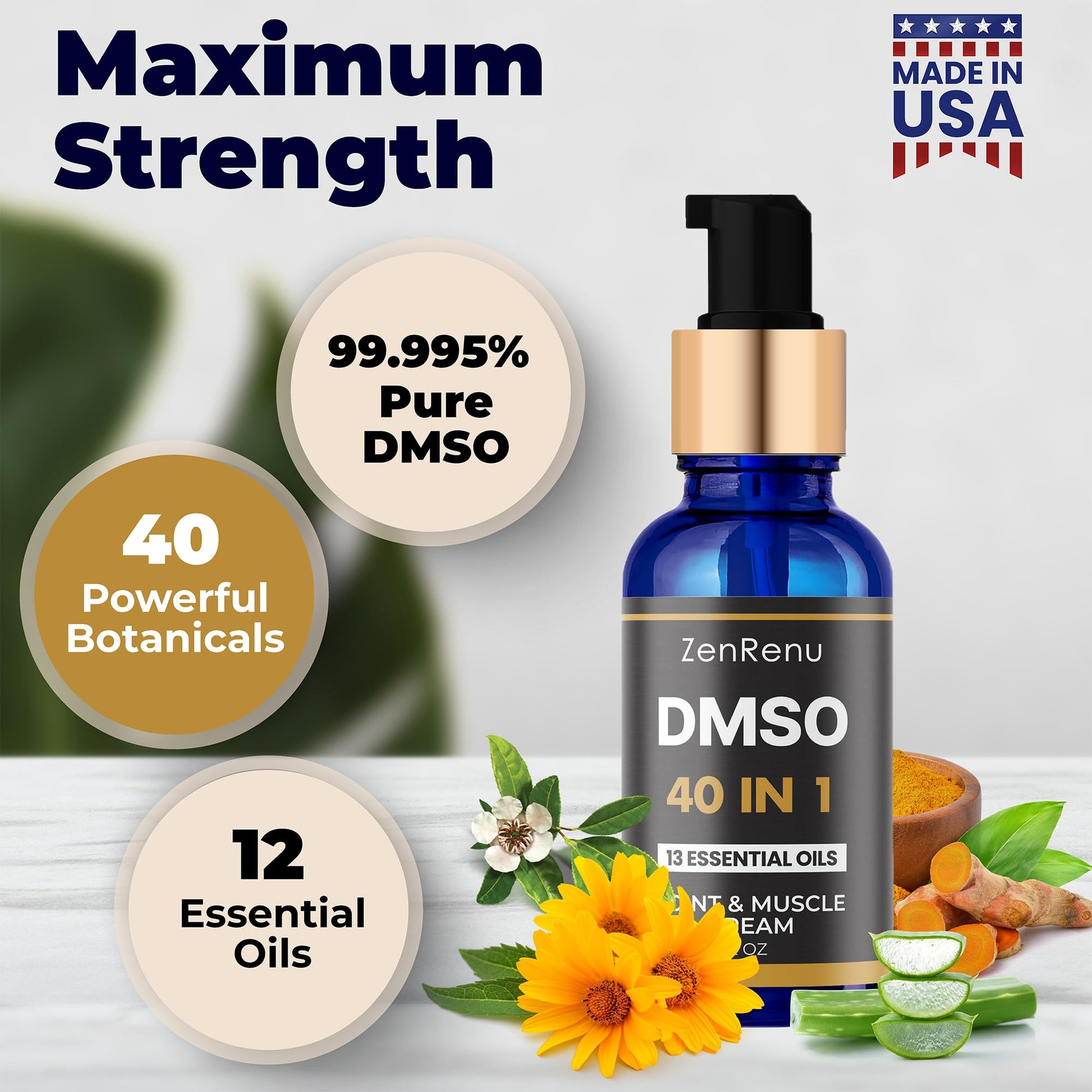 Zenrenu DMSO Cream 99.995% Pure Pharmaceutical Grade - 40-in-1 Advanced Formula -12 Essential Oils, Arnica, Aloe Vera, MSM - Fast-Absorbing Cream – 2 oz Glass Pump Bottle – Made in USA Zenrenu buy supplements canada