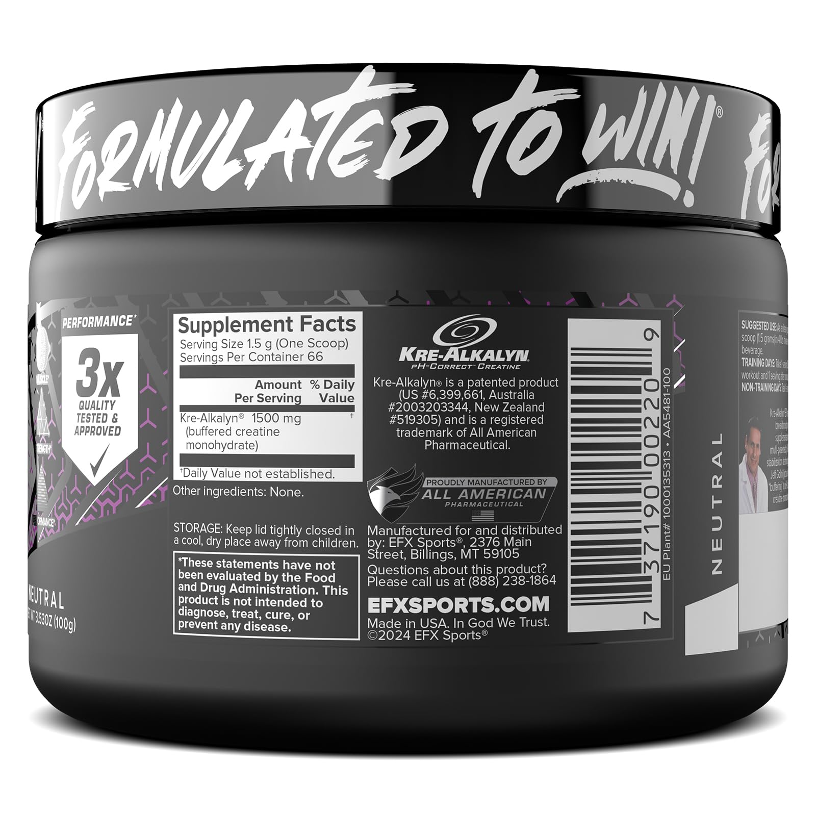 EFX Sports Kre-Alkalyn EFX Powder | pH Correct Creatine Monohydrate Powder Supplement | Strength, Muscle Growth & Performance | 66 Servings (Unflavored) EFX Sports buy supplements canada