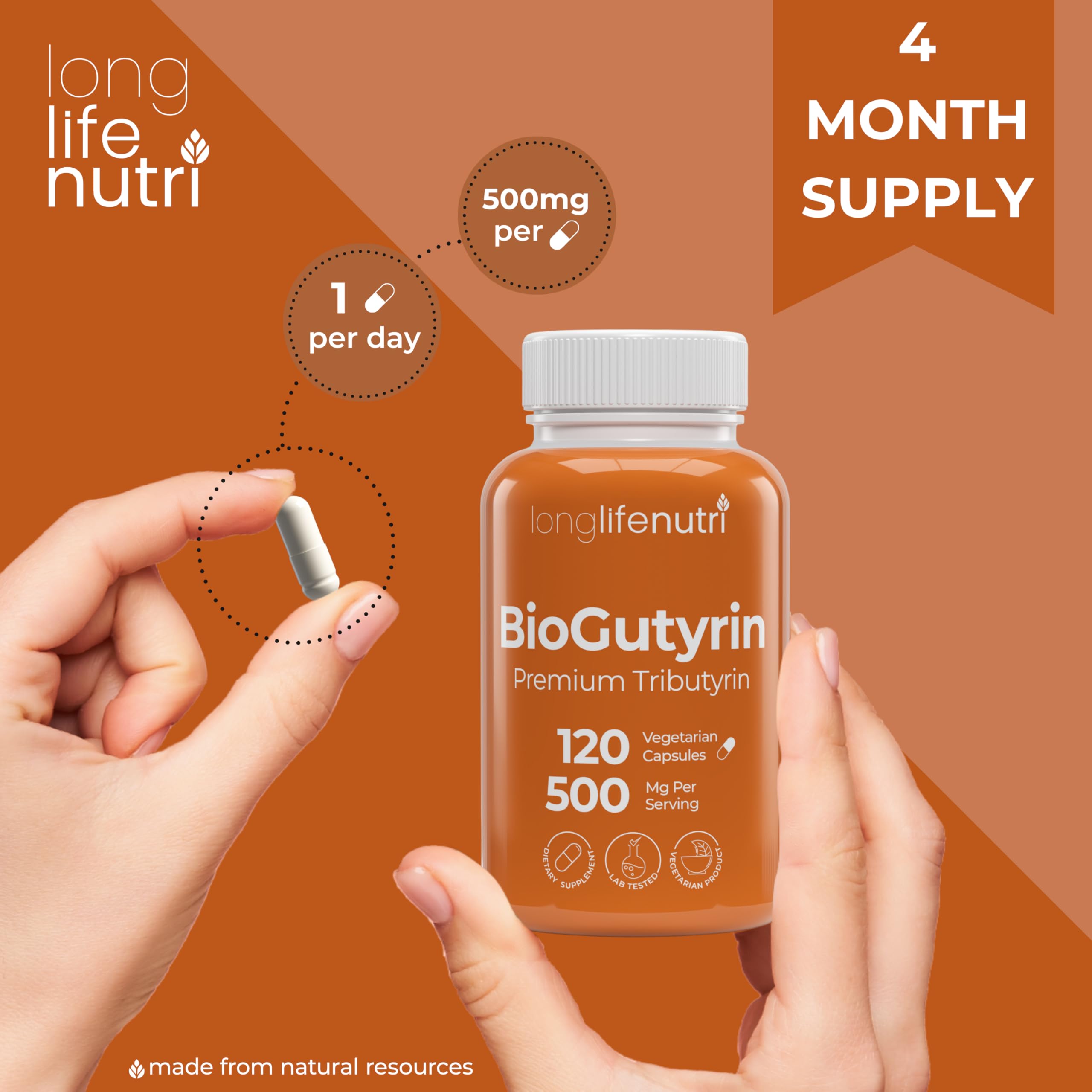 BioGutyrin – Tributyrin 500mg, Postbiotic Supplement for Gut Function & Nutrient Absorption, 120 Vegetarian Capsules, Butyric Acid for Butyrate Production, 4-Month Supply, GMP Certified, Made in USA LongLifeNutri buy supplements canada