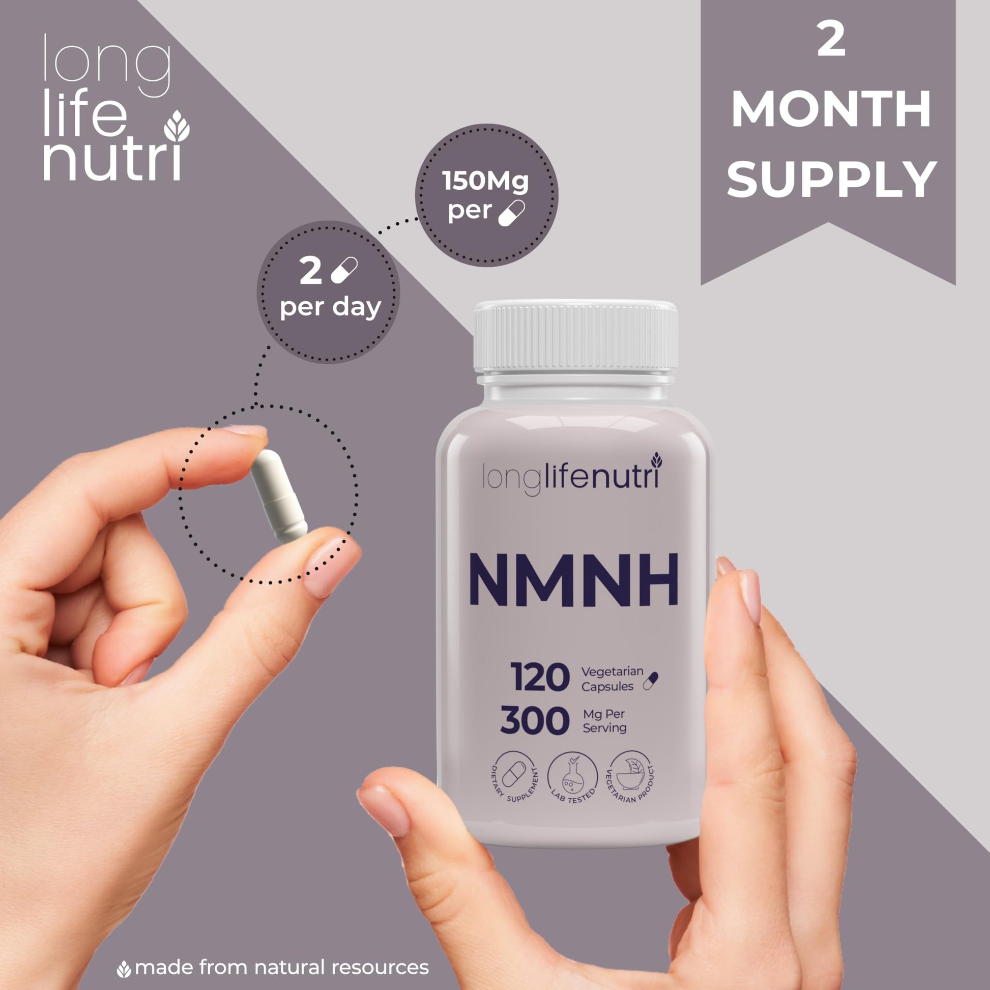 LongLifeNutri NMNH 300mg (Dihydronicotinamide Mononucleotide) - 120 Vegan Capsules, 2-Month Supply, NMN Alternative, NAD Supplement for Energy & Longevity, Lab Tested, Made in USA LongLifeNutri buy supplements canada