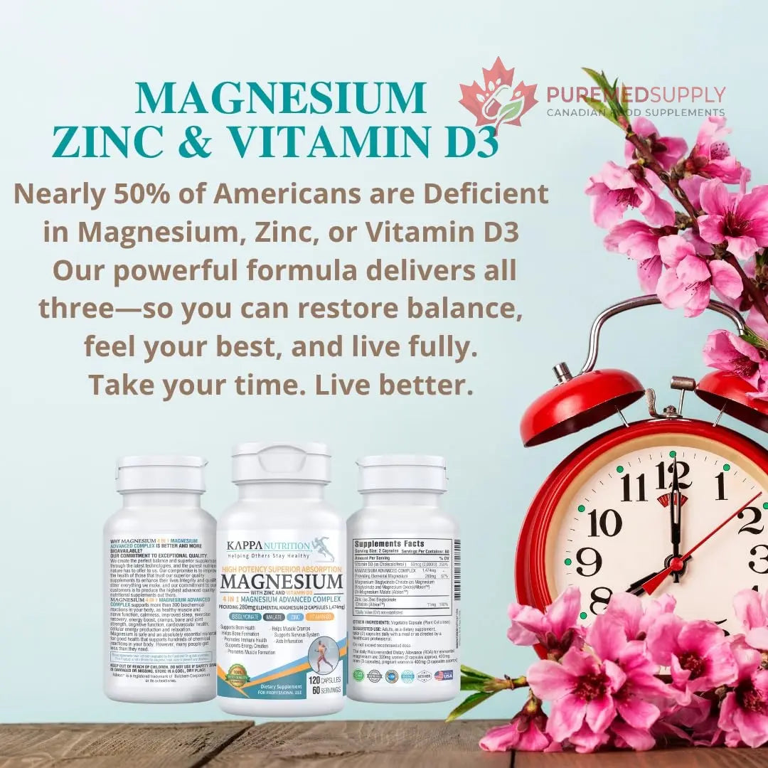 Kappa Nutrition Magnesium 4-in-1, 280mg Elemental Magnesium (Bisglycinate, Malate) + Zinc & Vitamin D3, Brain, Sleep, Energy, Muscle, Immune Support, 120 Vegan Capsules. KAPPA NUTRITION buy supplements canada