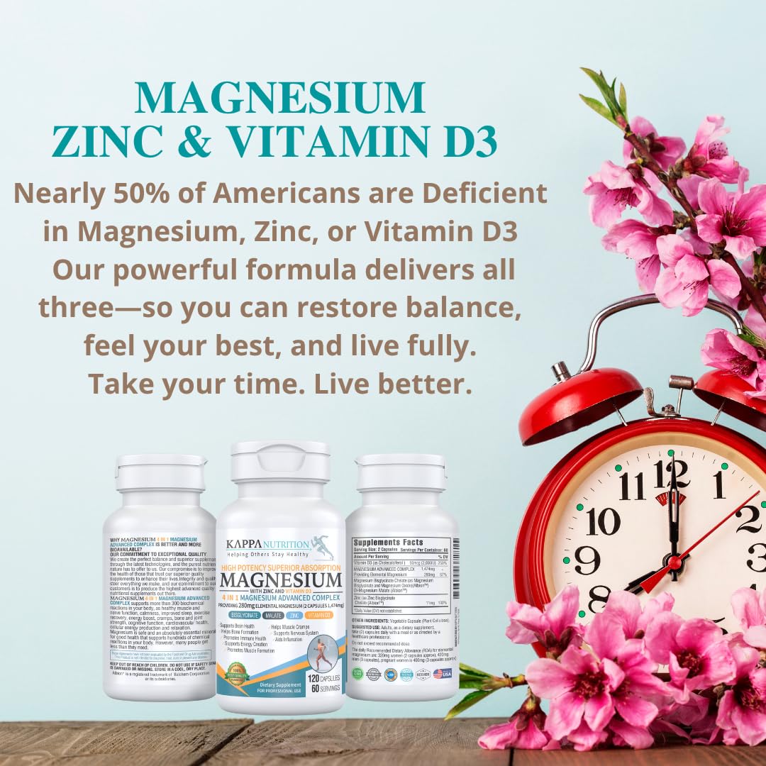 Kappa Nutrition Magnesium 4-in-1, 280mg Elemental Magnesium (Bisglycinate, Malate) + Zinc & Vitamin D3, Brain, Sleep, Energy, Muscle, Immune Support, 120 Vegan Capsules. KAPPA NUTRITION buy supplements canada