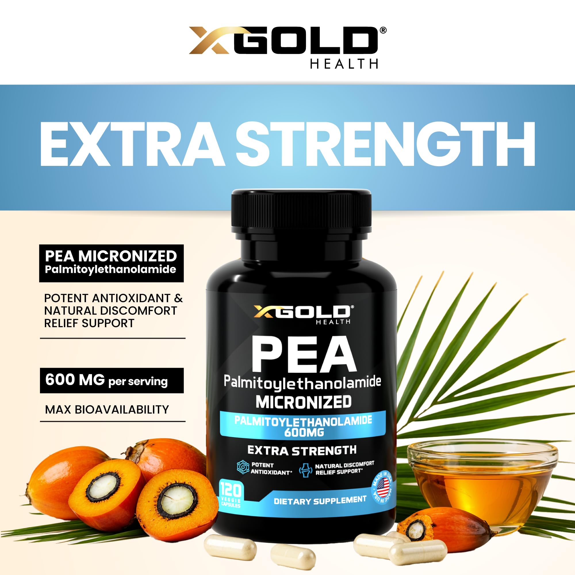 Palmitoylethanolamide Pea Supplement 600 mg | Micronized Pea 99% Highly Purified and Bioavailable | Made in USA | Supplement for Men and Women - 120 Capsules X Gold Health buy supplements canada