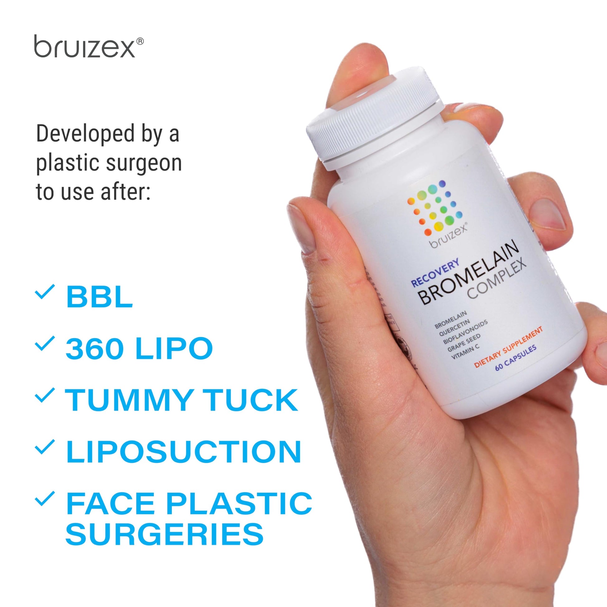 Bruizex Bromelain & Quercetin Recovery Complex - Post Surgery Recovery Bruising, Swelling Relief, Lymphatic Drainage - Post 360 lipo, BBL, Liposuction, Tummy Tuck - Non GMO - 60 Capsules Bruizex buy supplements canada