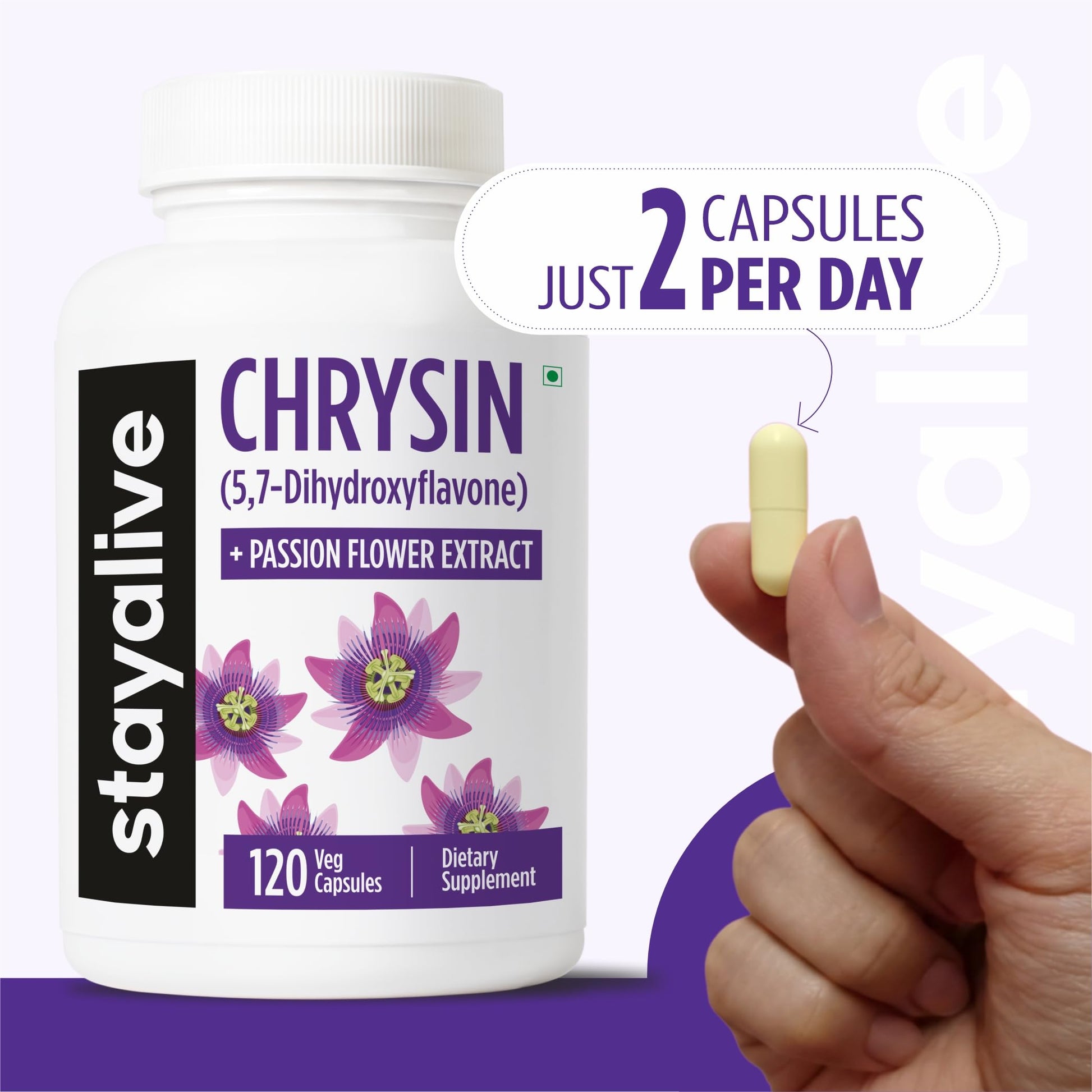 STAY ALIVE Chrysin Supplement 500mg & Passion Flower Extract Powder, 5,7-Dihydroxyflavone, Non-GMO and Gluten-Free Chrysin for Men and Women, 120 Capsules STAY ALIVE buy supplements canada