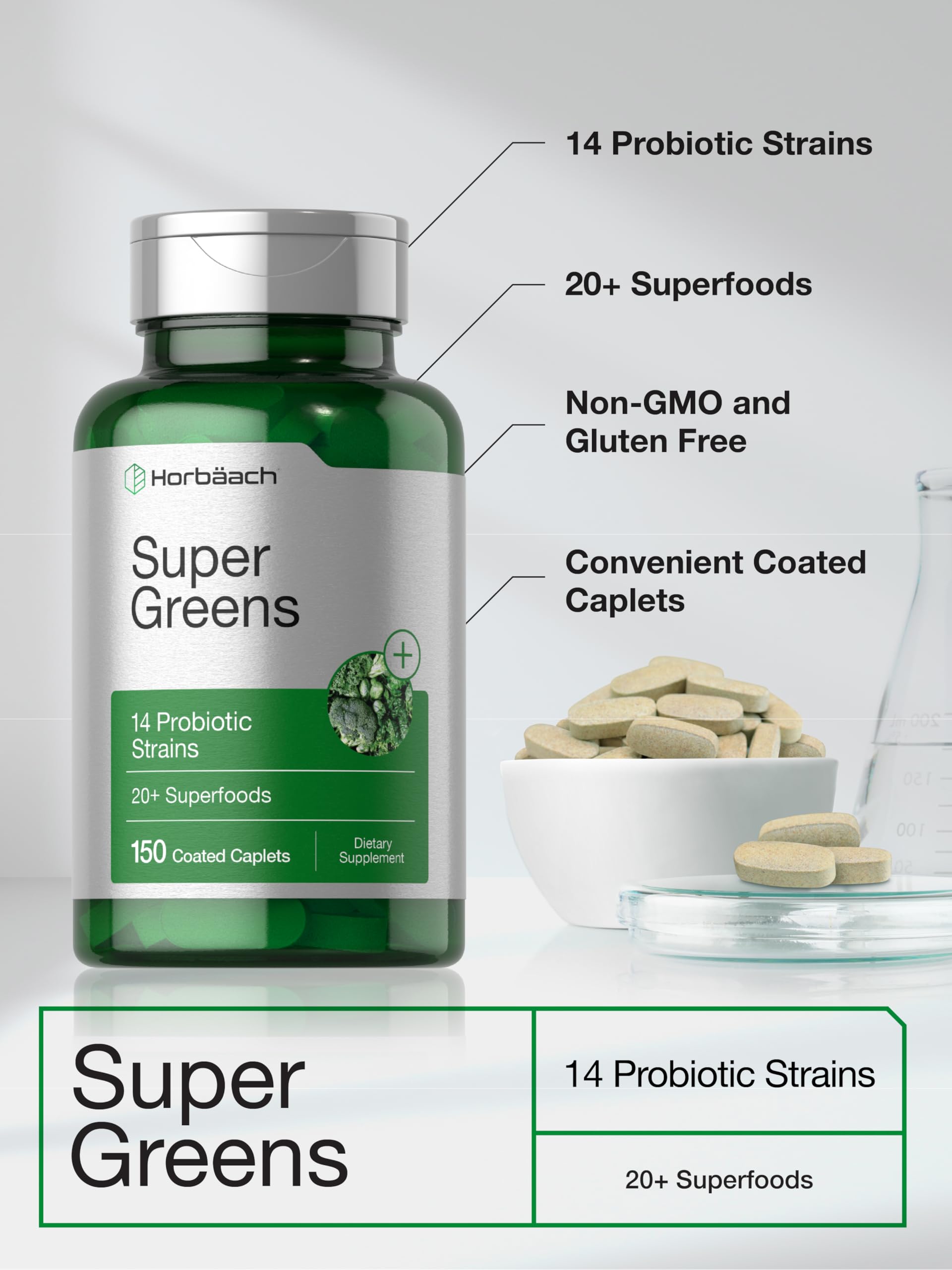 Horbäach Super Greens Supplement with Probiotics | 150 Caplets | Non-GMO, and Gluten Free Horbäach buy supplements canada