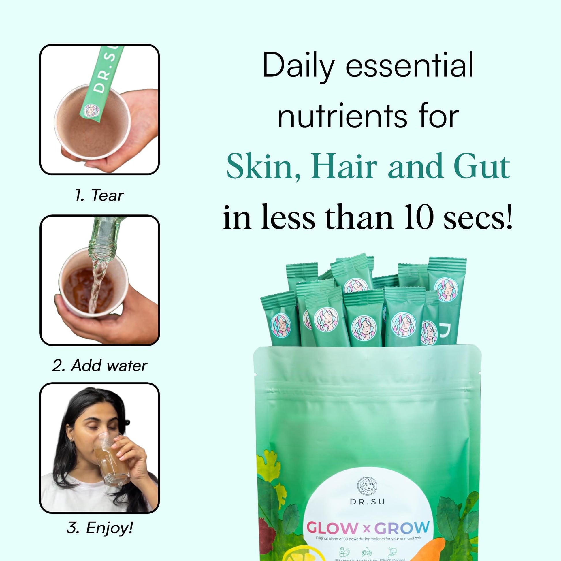 Dr.Su 6-in-1 Supplement Powder | Clear Skin, Strong Hair & Healthy Gut | with Vitamins, Minerals, Antioxidants, Probiotics, Fiber & Adaptogens | Lemon Mint | Sugar-Free | 30 Sachets | Unisex Dr.Su buy supplements canada