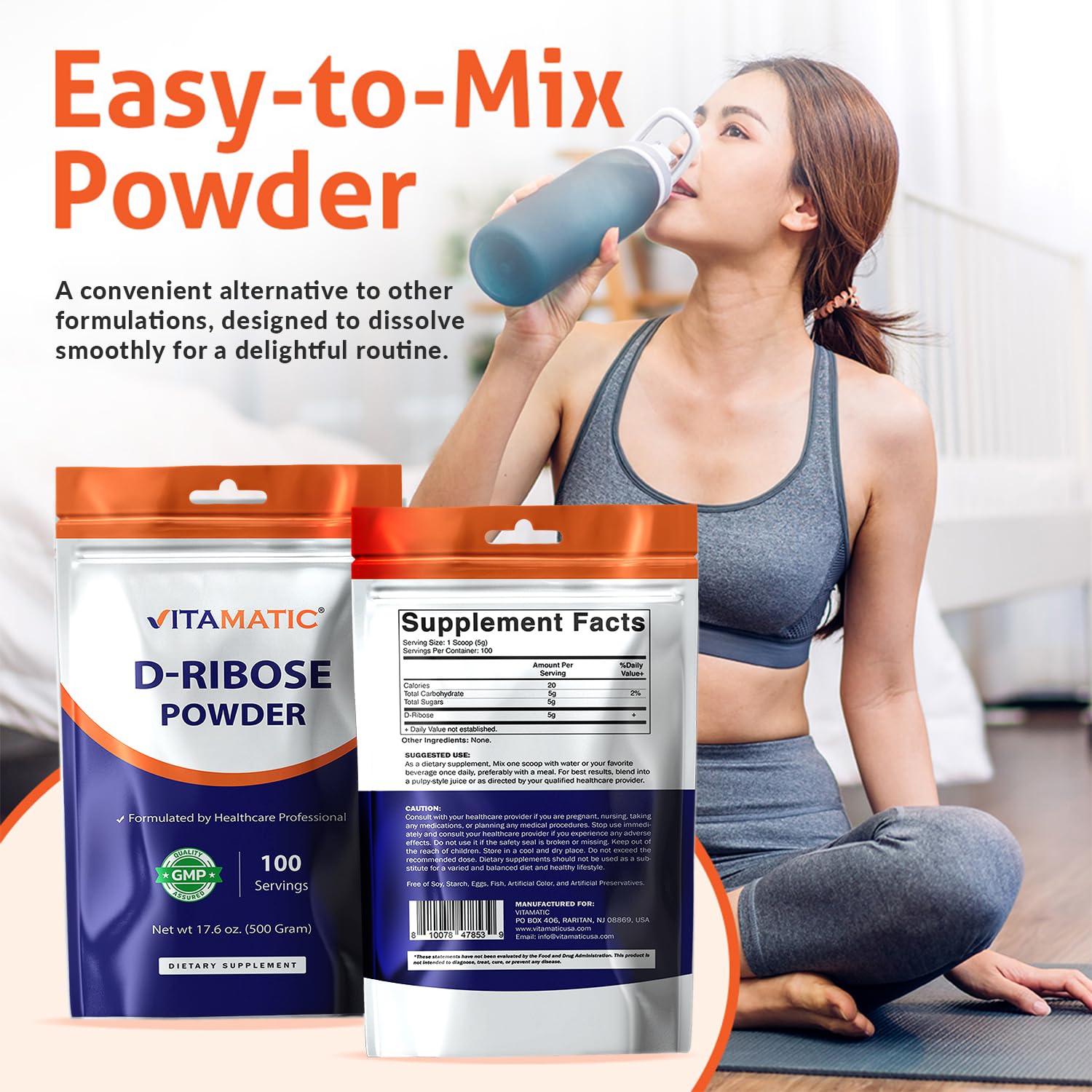 Vitamatic D-Ribose Powder 500g - 17.6 OZ (500 Gram) | Pure & Unflavored | Non-GMO | Easy-Mix Dietary Supplement Vitamatic buy supplements canada