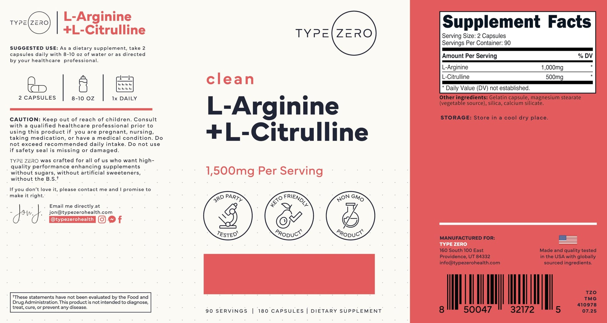 Type Zero L-Arginine + L-Citrulline Supplement (1500mg) - Nitric Oxide Booster - Clean, Keto-Friendly, GMO-Free, 180 Capsules, 90 Servings Type Zero buy supplements canada