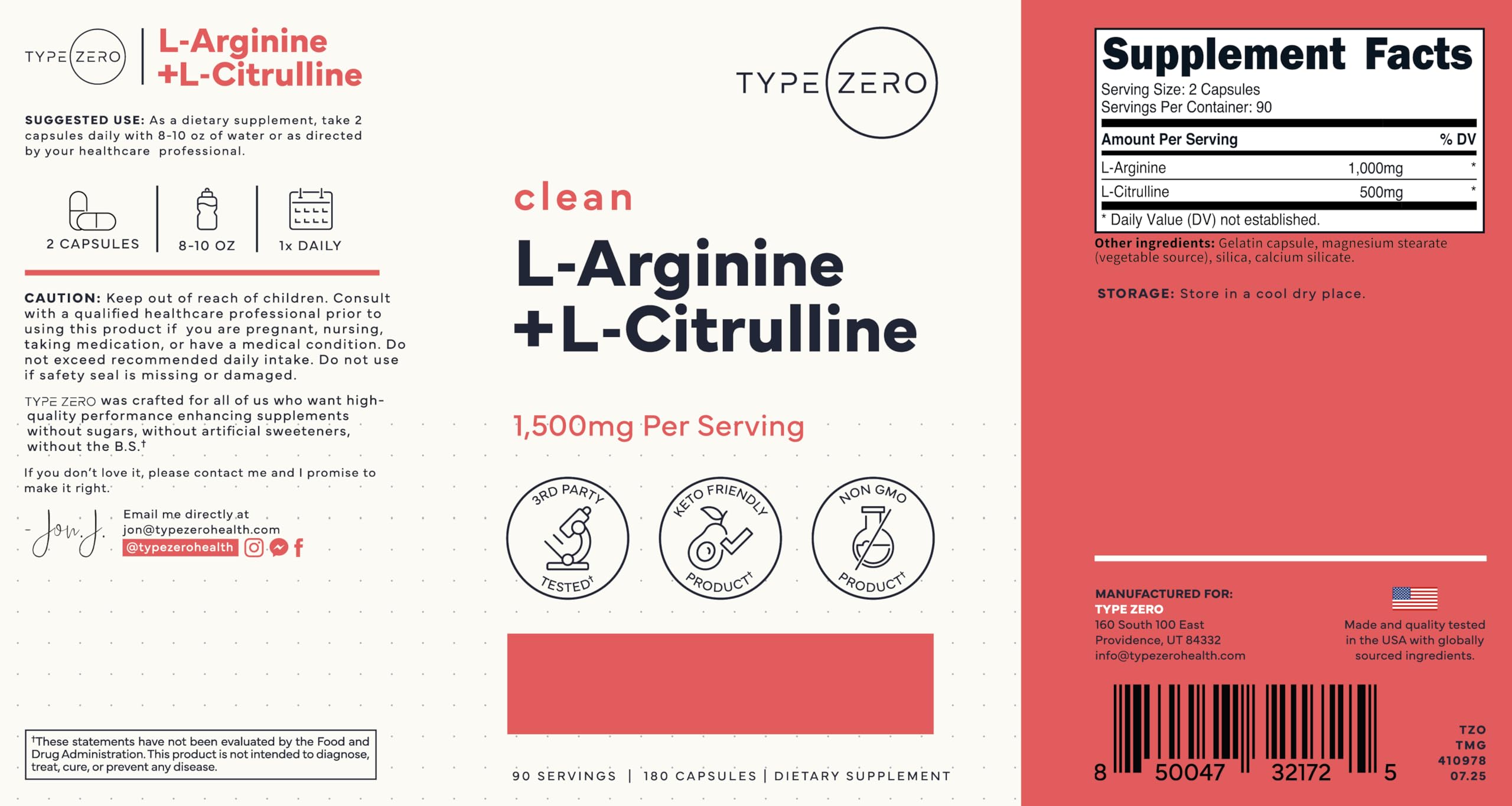 Type Zero L-Arginine + L-Citrulline Supplement (1500mg) - Nitric Oxide Booster - Clean, Keto-Friendly, GMO-Free, 180 Capsules, 90 Servings Type Zero buy supplements canada