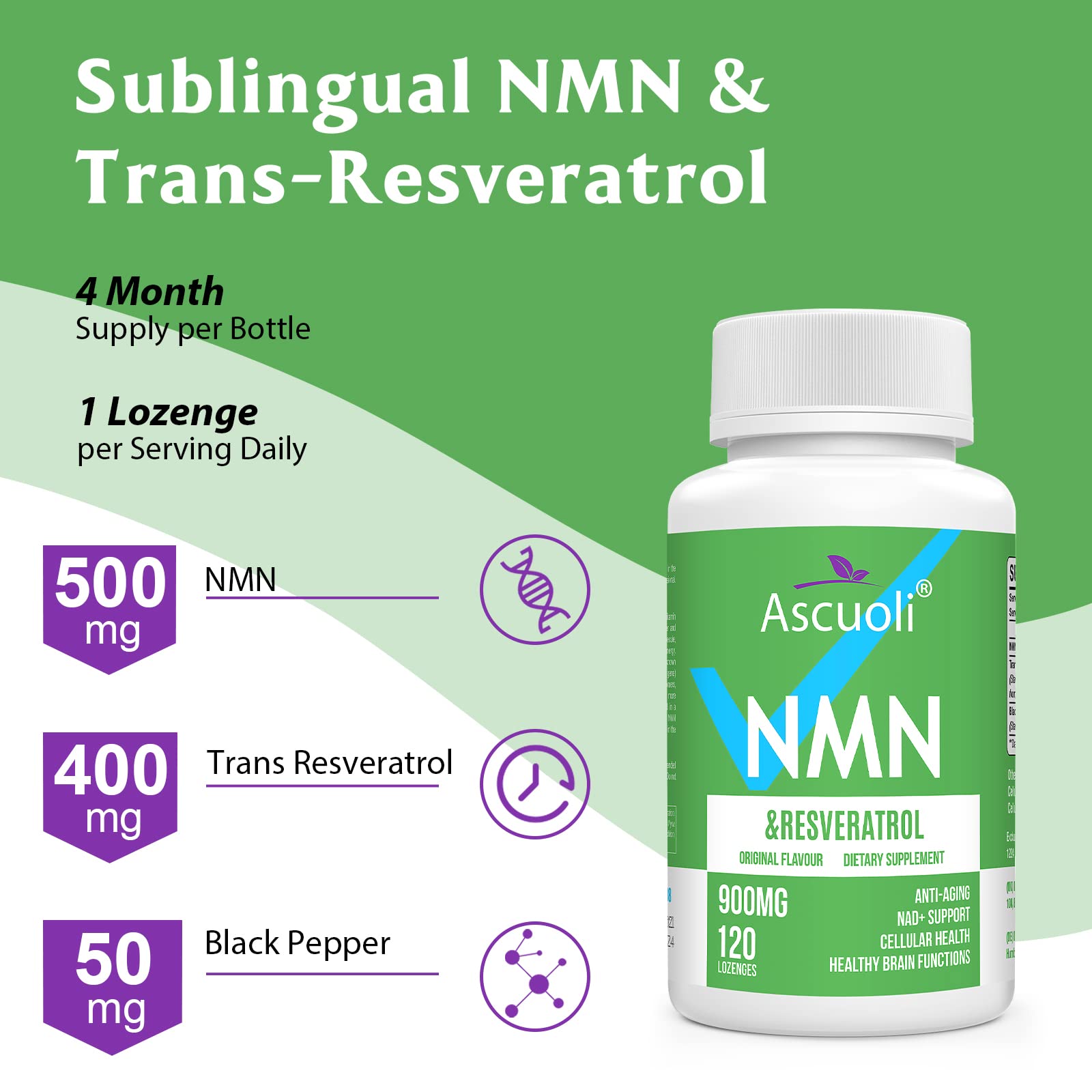 Sublingual NMN 500mg + Trans-Resveratrol 400mg, 3-in-1 Advanced Formula 99% Pure NMN Resveratrol Supplement for Boost* NAD, Cell, Immune, Energy & Muscle, Anti-Aging, 120 Lozenges (120-Day Supply) Ascuoli buy supplements canada