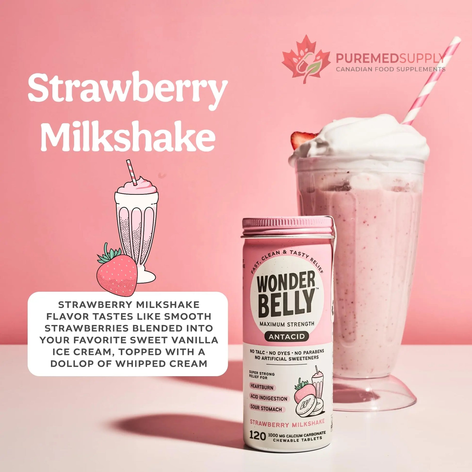 Wonderbelly Antacid, Effective Heartburn and Instant Acid Indigestion Relief, Extra Strength Chewable Tablets, 1000 mg Calcium Carbonate, No Talc or Dye, Strawberry Milkshake, 120 Count Wonderbelly buy supplements canada