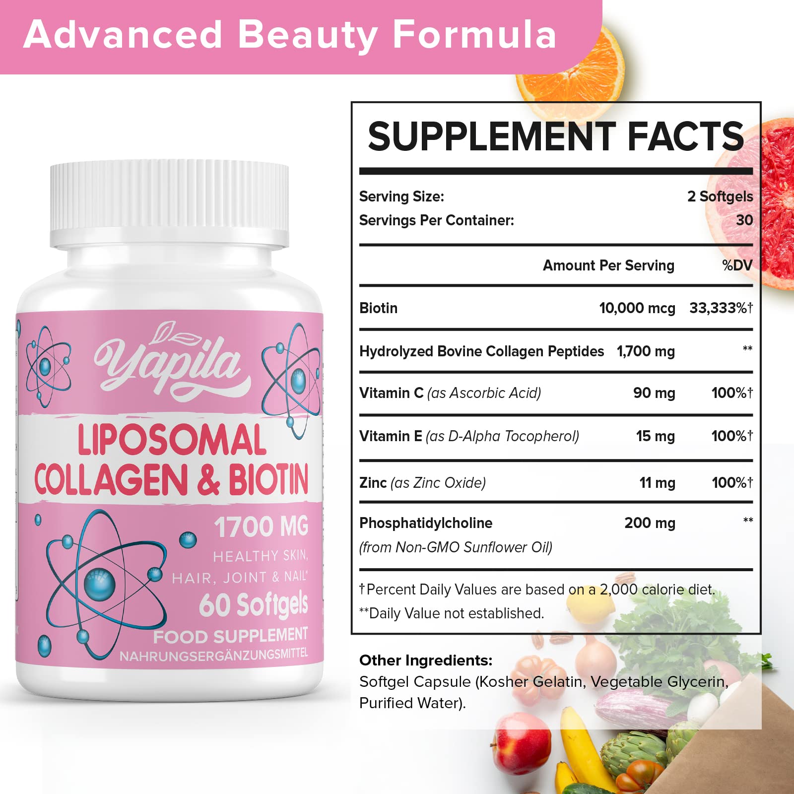 Liposomal Collagen Biotin Capsules, Hydrolyzed Bovine Collagen Peptides 1700 mg, Types 1 & 3 Protein Yapila buy supplements canada