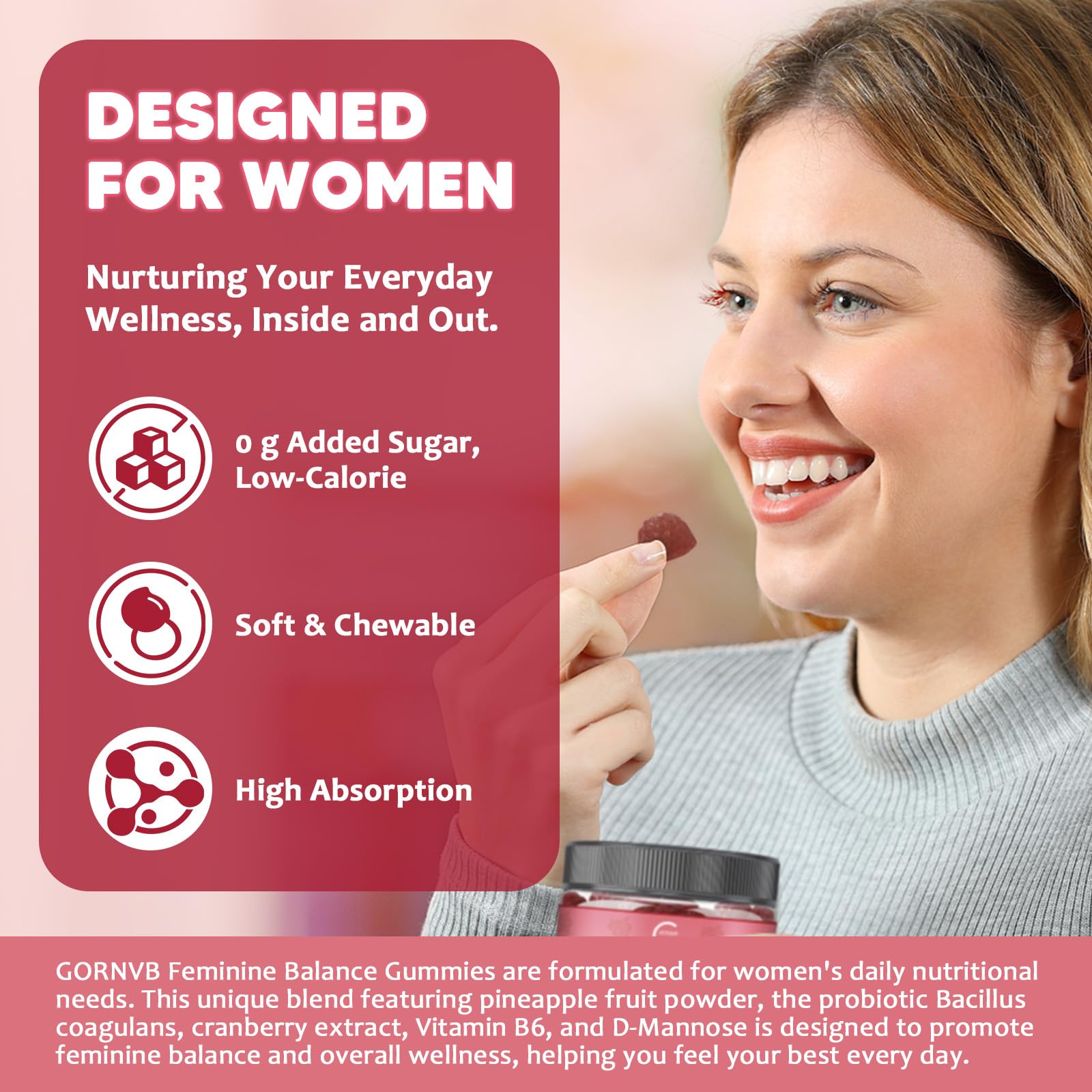 GORNVB Premium Feminine Balance Gummies for Women, Support pH Balance & Vaginal Probiotics Health Gummies with Cranberry Pineapple Powder, D-Mannose, Sugar Free, Gluten Free, Vegan GORNVB buy supplements canada