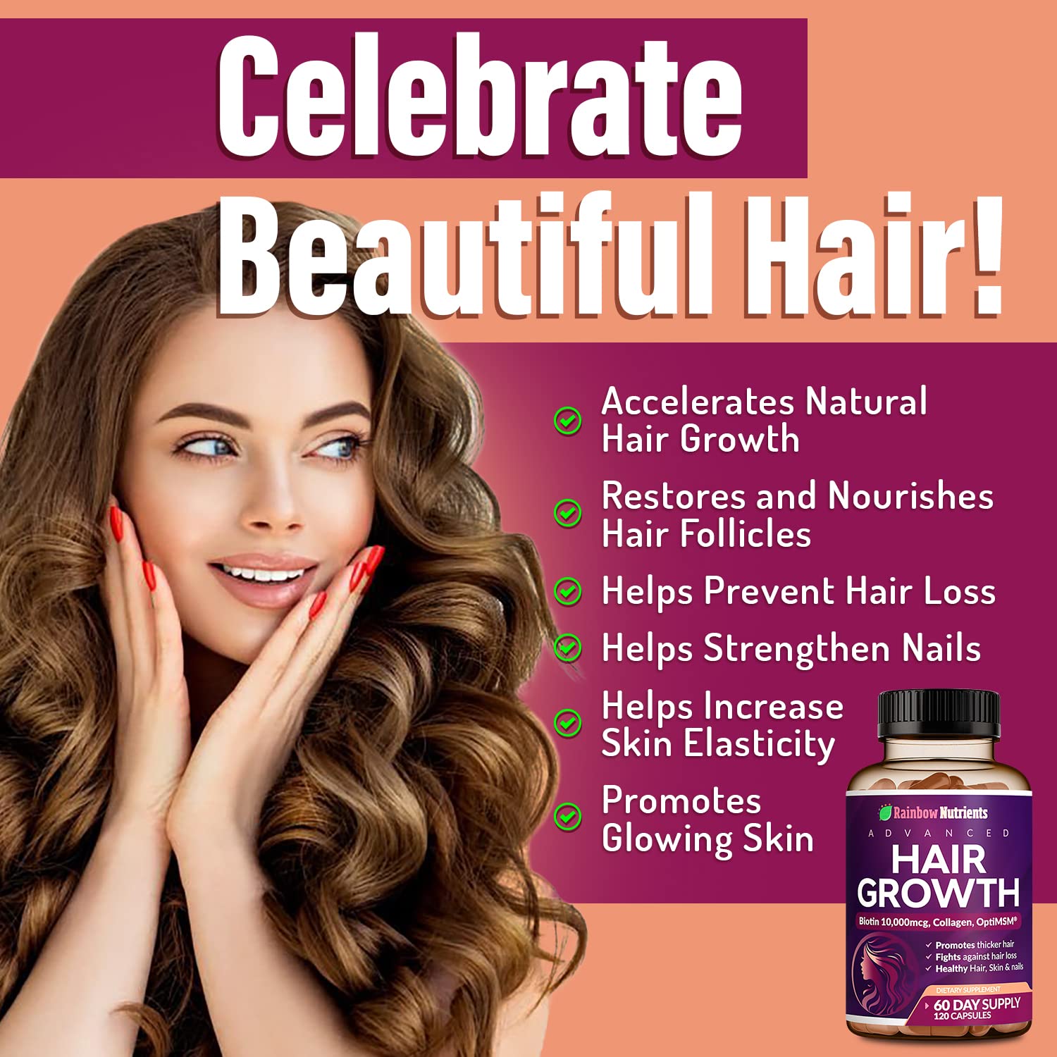 Hair Growth Vitamins for Women | Biotin 10,000mcg, Collagen, Patented OptiMSM®, goMCT Rainbow Nutrients, LLC buy supplements canada