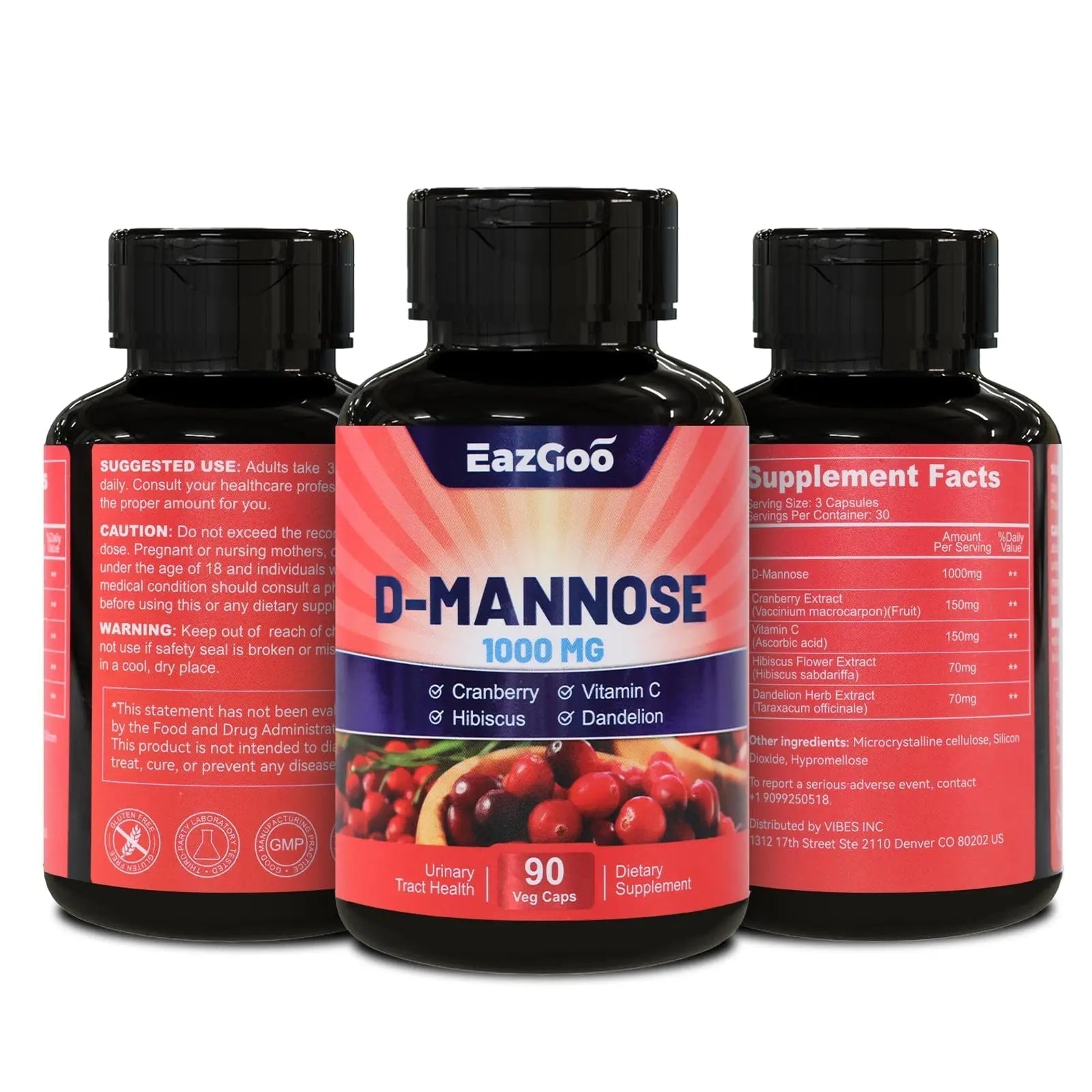 EAZGOO D-Mannose Supplement – 1000mg Capsules with Cranberry, Vitamin C, Hibiscus & Dandelion Extract, Support Urinary Health, D Mannose & Cranberry Capsules, 90 Count(Pack of 2) EAZGOO buy supplements canada
