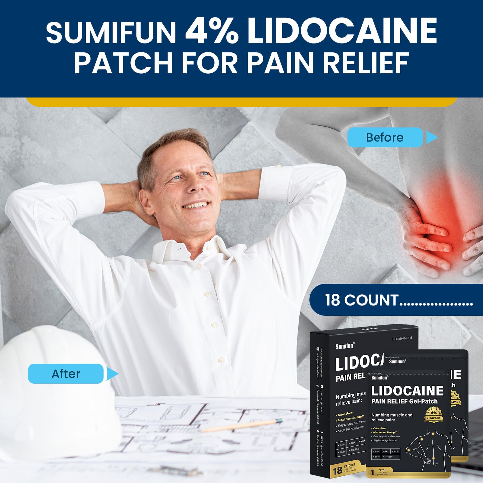 Sumifun 4% Lidocaine Pain Relief Patches - 18 Count Patches for Back, Shoulder, Muscle, Joints, Knee Pain Relief - Lower Back Pain Relief Products - Pain Patches Maximum Strength Lidocaine Sumifun buy supplements canada