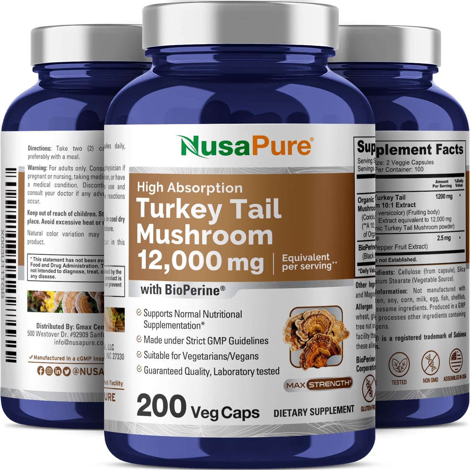 NusaPure Turkey Tail Mushroom Capsules, 10:1 Extract, 1200 mg Equivalent to 12,000mg, 200 Vcaps, Non-GMO, Gluten Free, Bioperine NusaPure buy supplements canada