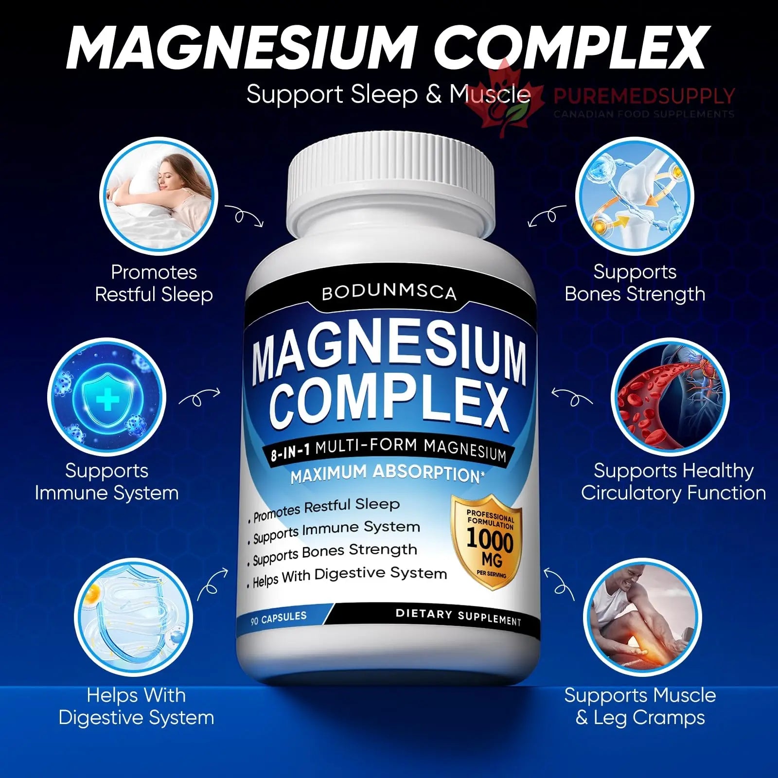 Magnesium Complex, 8 in 1, 1000mg-Glycinate, Citrate, Malate for Easy Absorption, Full Spectrum Magnesium Complex,Supports Relaxation, Sleep & Muscle Function, Magnesio Complex for Women, 180 Capsules BODUNMSCA buy supplements canada