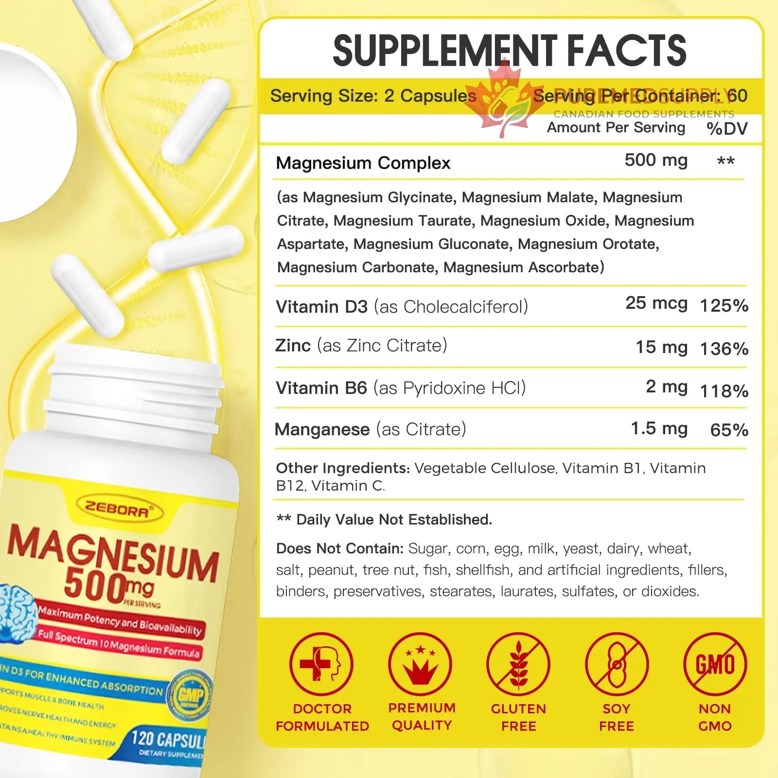 10-in-1 Magnesium Complex Supplement, Magnesium Glycinate 500mg with Citrate & Malate, Chelated High Absorption Plus Vitamin D3 & Zinc - for Nerve, Muscle & Bone Support - 120 Capsules ZEBORA buy supplements canada