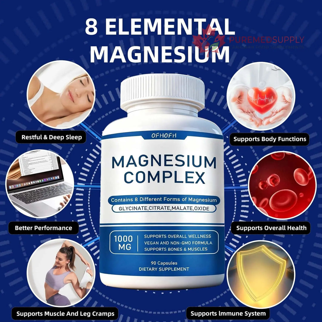 Magnesium Complex Supplement 8 Elemental - Magnesium Glycinate, Citrate, Malate, Oxide | Easy Absorption for Bones, Muscle, Energy, Vegan, Non-GMO 90 Capsules (1pc) OFHOFH buy supplements canada