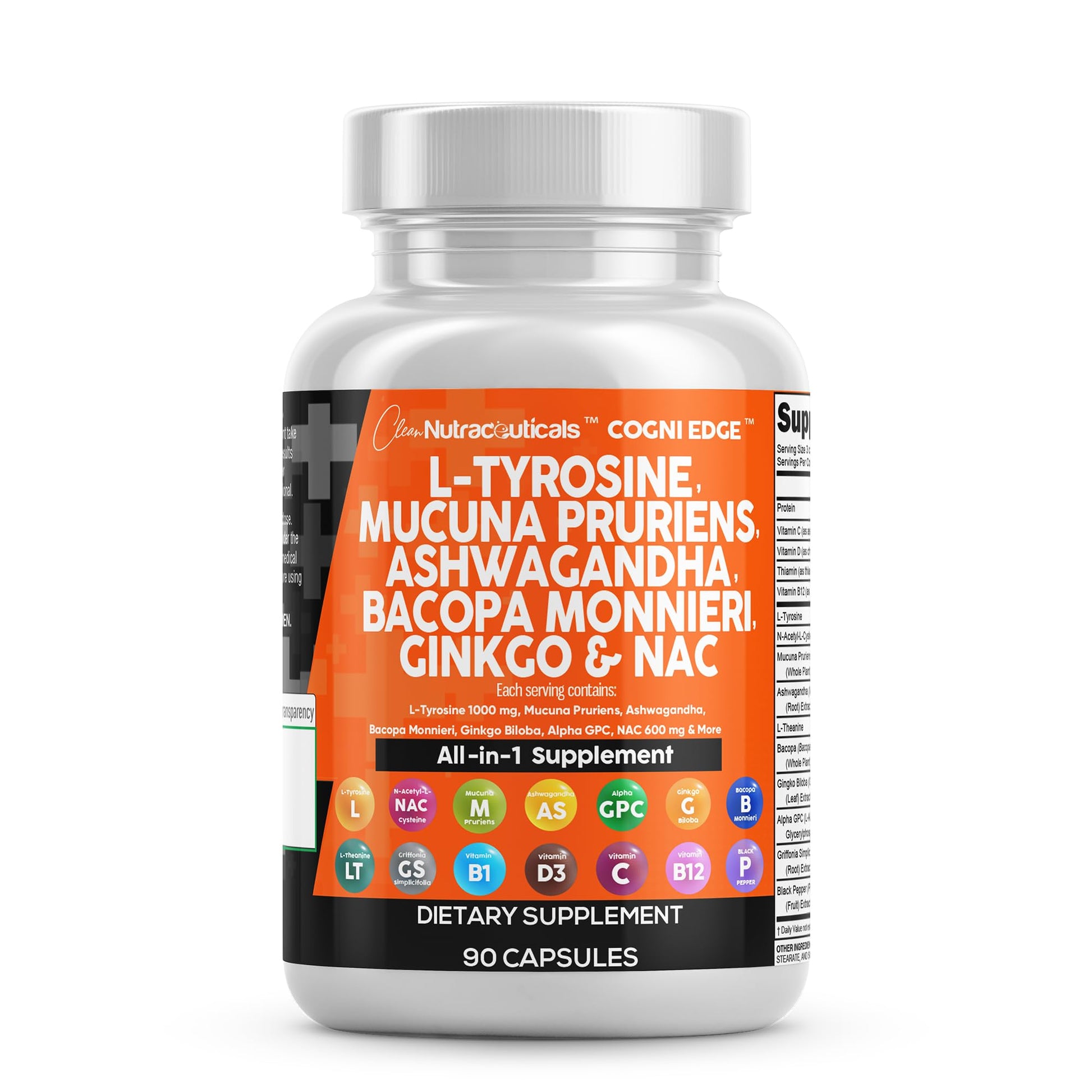 Clean Nutraceuticals L Tyrosine Mucuna Pruriens Bacopa Monnieri Ashwagandha Focus Supplement w/N-Acetyl Cysteine NAC 5-HTP Ginkgo Biloba Alpha GPC Vitamin C D B1 B12 Clean Nutraceuticals buy supplements canada