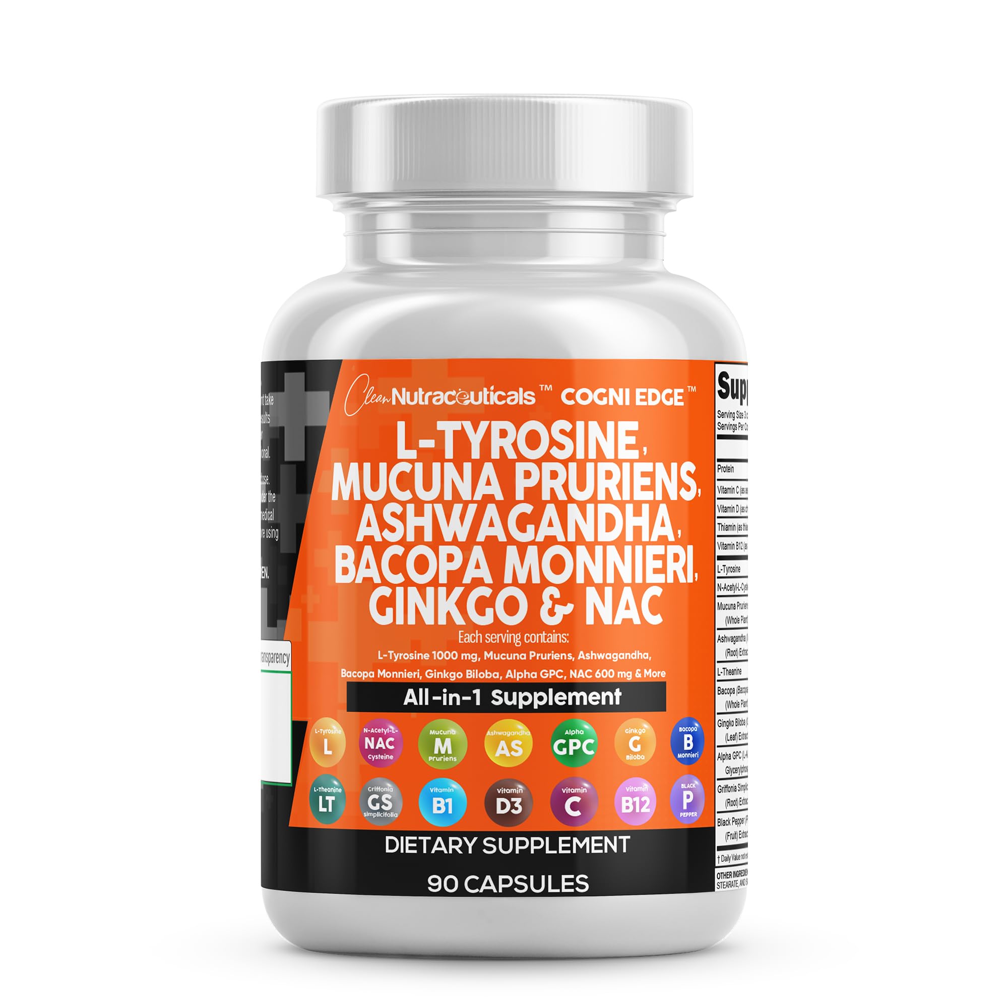 Clean Nutraceuticals L Tyrosine Mucuna Pruriens Bacopa Monnieri Ashwagandha Focus Supplement w/N-Acetyl Cysteine NAC 5-HTP Ginkgo Biloba Alpha GPC Vitamin C D B1 B12 Clean Nutraceuticals buy supplements canada