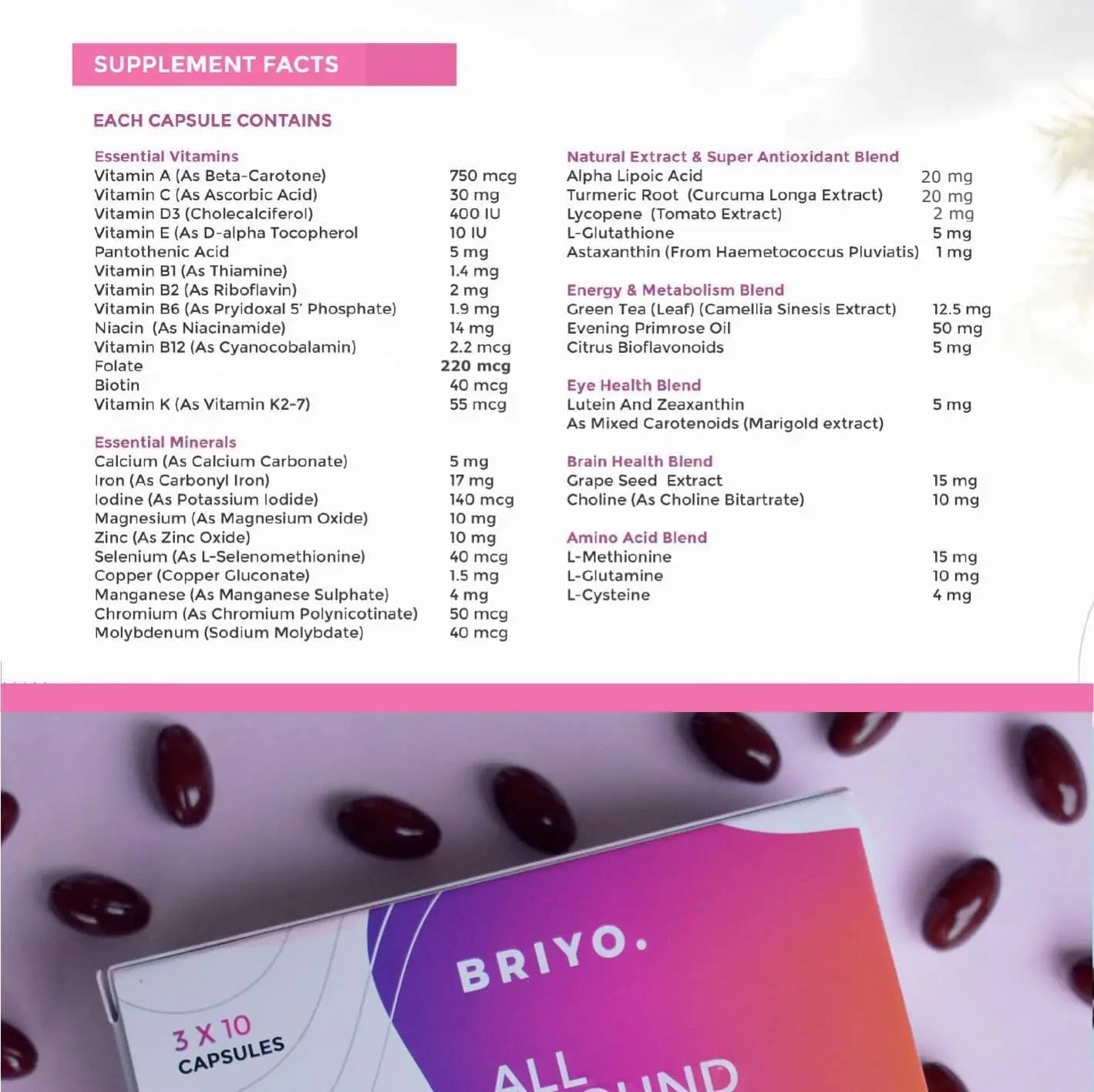 Briyosis All Around Women - 38 nutrients (Essential Vitamins, Minerals, Natural extracts, Amino acids, Primrose Oil) - 90 Capsules Briyosis buy supplements canada