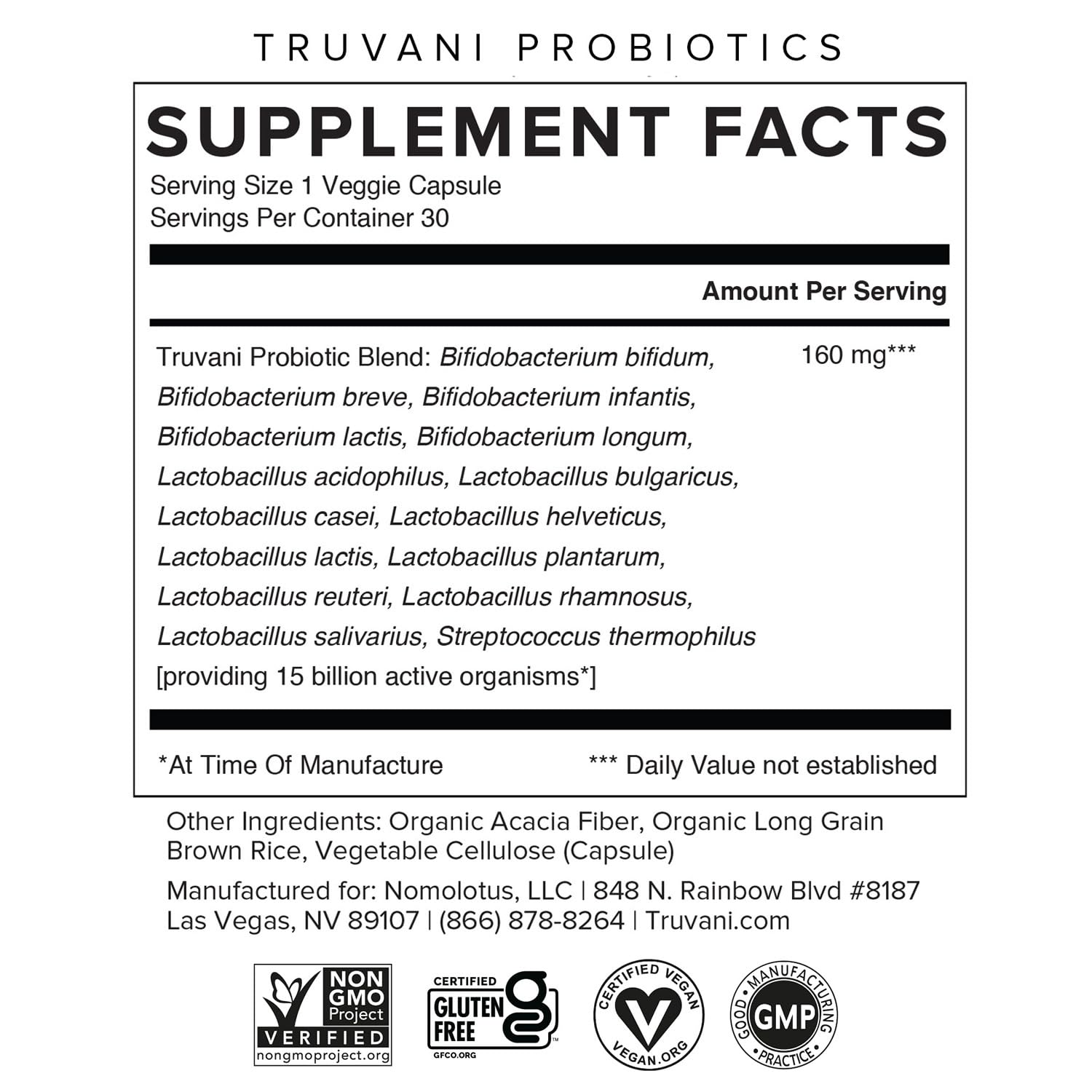 Truvani Probiotic Supplement | 30 Servings | 15 Billion CFU | 15 Diverse Strains for Digestive, Immune & Brain Health Support | Shelf-Stable Vegan Capsules | Non-GMO, No Fillers Truvani buy supplements canada