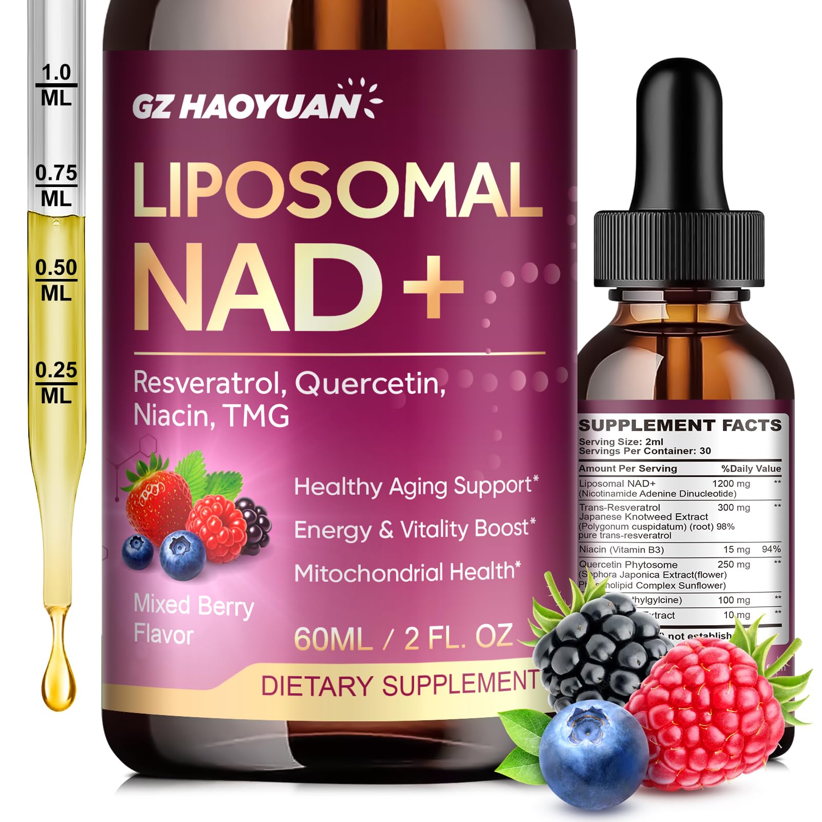 Liposomal NAD Supplement - 1200mg NAD+ Liquid Drops for Women & Men with Nicotinamide, Resveratrol, Quercetin, TMG, Black Pepper Extract - Brain & Cellular Mitochondrial Health, Anti-Aging, Longevity GZ HAOYUAN buy supplements canada