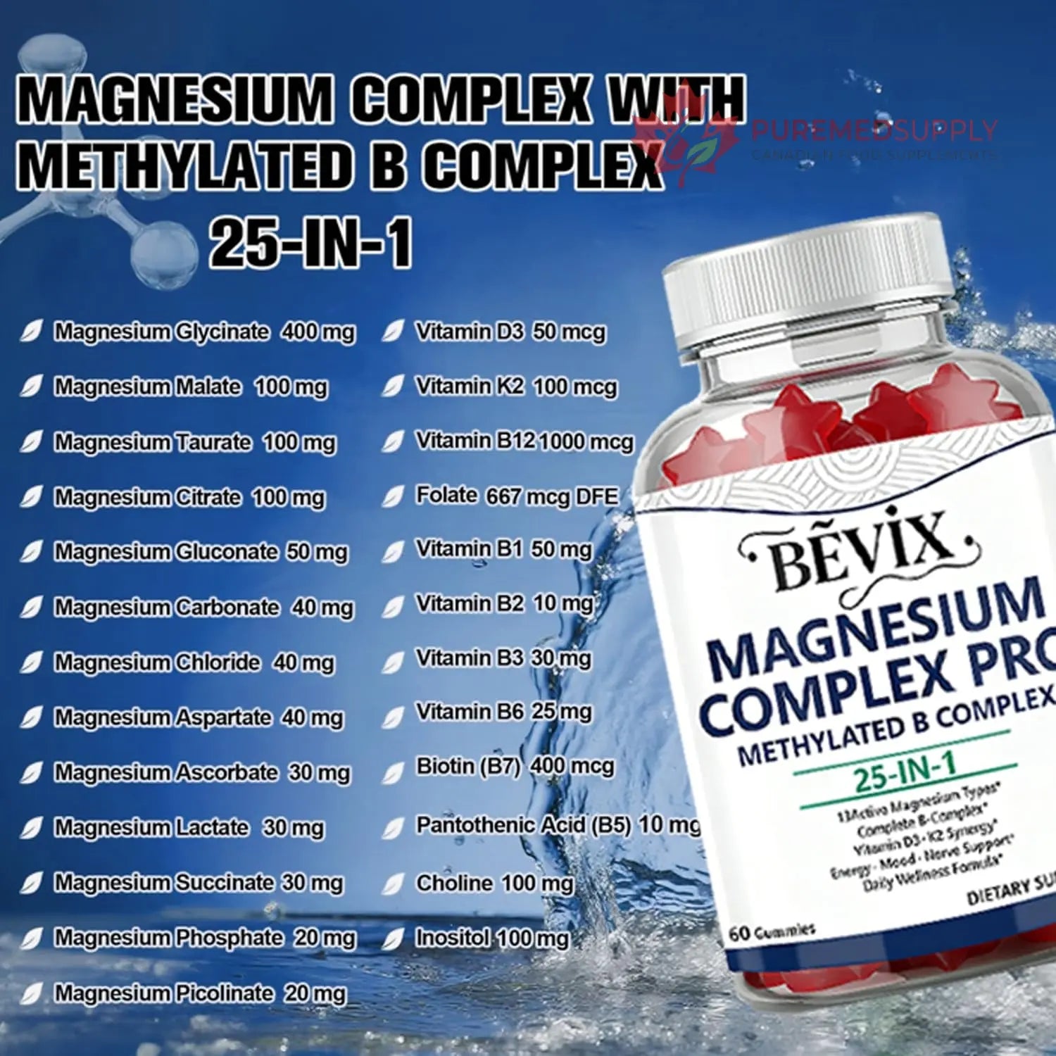BEVIX Magnesium Complex Gummies with Methylated B Complex Magnesium Glycinate Citrate Malate Taurate Gluconate Aspartate Carbonate D3 K2, Magnesium for Relaxation Energy & Nerve, 60 Gummies BEVIX buy supplements canada