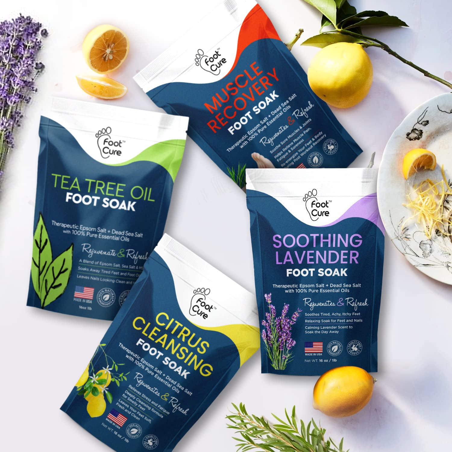 Foot Soak with Epsom Salts- Variety Pack of 4- Tea Tree Oil, Muscle Relief, Calming FOOT CURE buy supplements canada