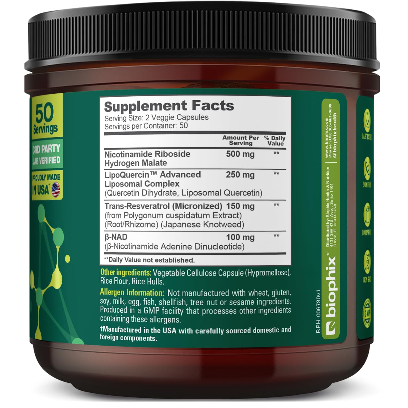 biophix NAD+ Liposomal Supplement for Women & Men - 1000 mg per Serving - Nicotinamide Riboside, Micronized Resveratrol & Quercetin Complex - 100 Veg Capsules - Non-GMO, Gluten-Free, cGMP Certified biophix buy supplements canada