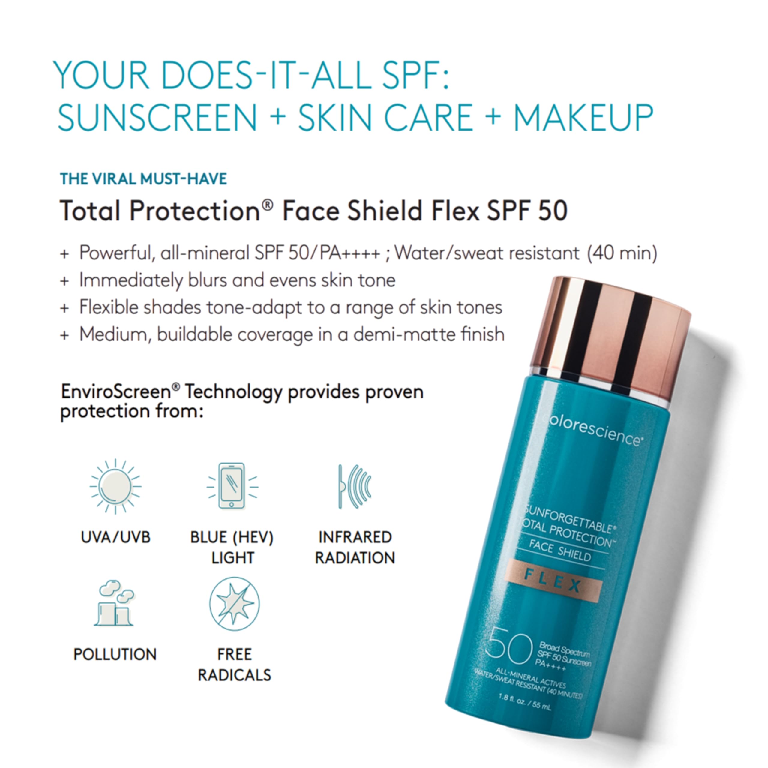 Colorescience Total Protection Face Shield Flex SPF 50, Zinc Oxide Formula, Medium, 1.8 fl. oz.