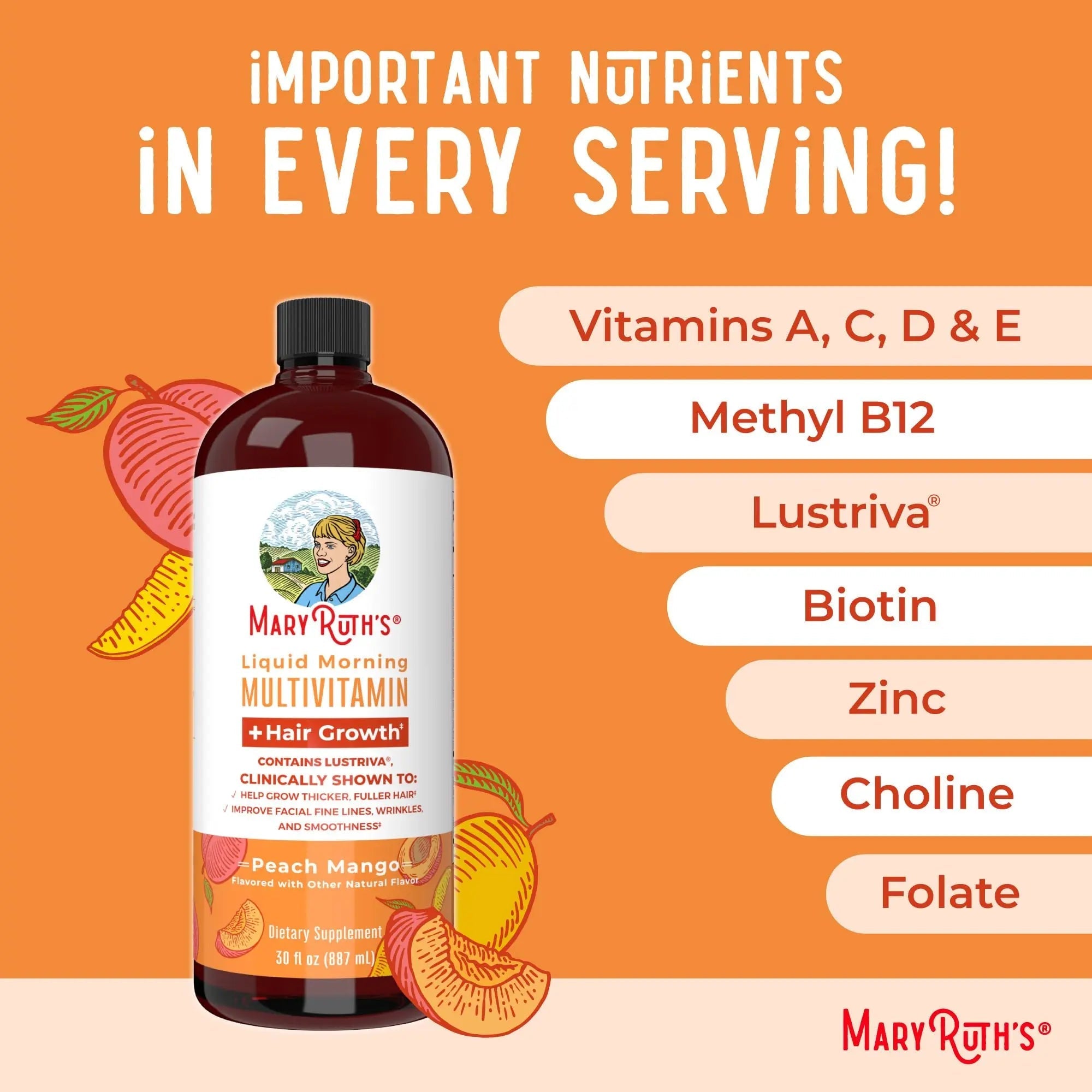 MaryRuth's MaryRuth's Liquid Morning Multivitamin +Hair Growth (Peach Mango, 30oz) & Iron Liquid (Berry) | Clean Label Project Verified® | MARYRUTH'S buy supplements canada
