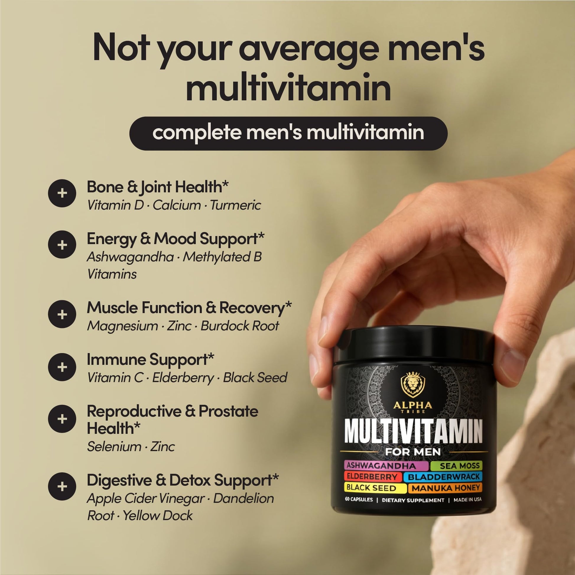 Alpha Tribe Multivitamin for Men & Organizer w/Seamoss Black Seed Oil Ashwagandha Burdock Root Turmeric Bladderwrack Vitamin C | Daily Men's Vitamins & Minerals Supplement | 60 Count Alpha Tribe buy supplements canada