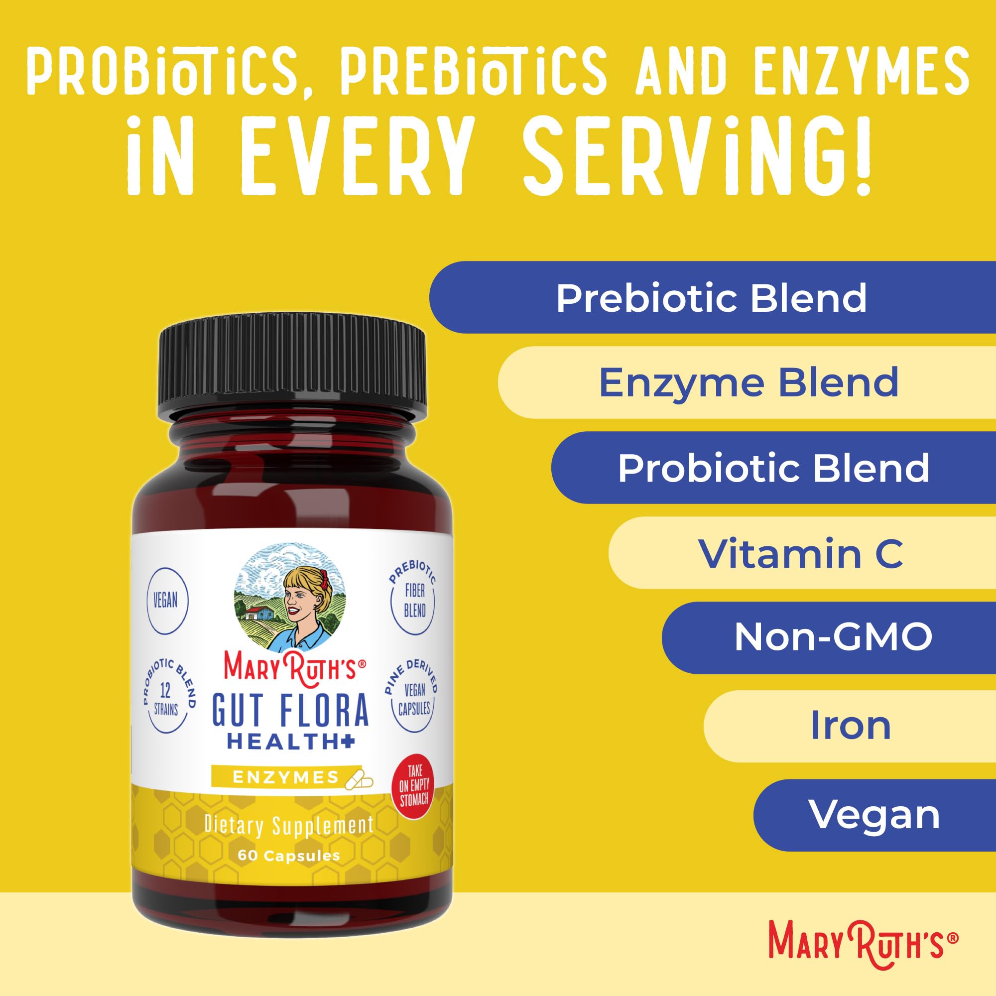 MaryRuth Organics Gut Flora Health+ Enzymes | Up to 2 Month Supply | Prebiotic Probiotic Digestive Enzymes Blend for Healthy Gut Biome & Digestive Support | Gastrointestinal Health | 60 Capsules MARYRUTH'S buy supplements canada