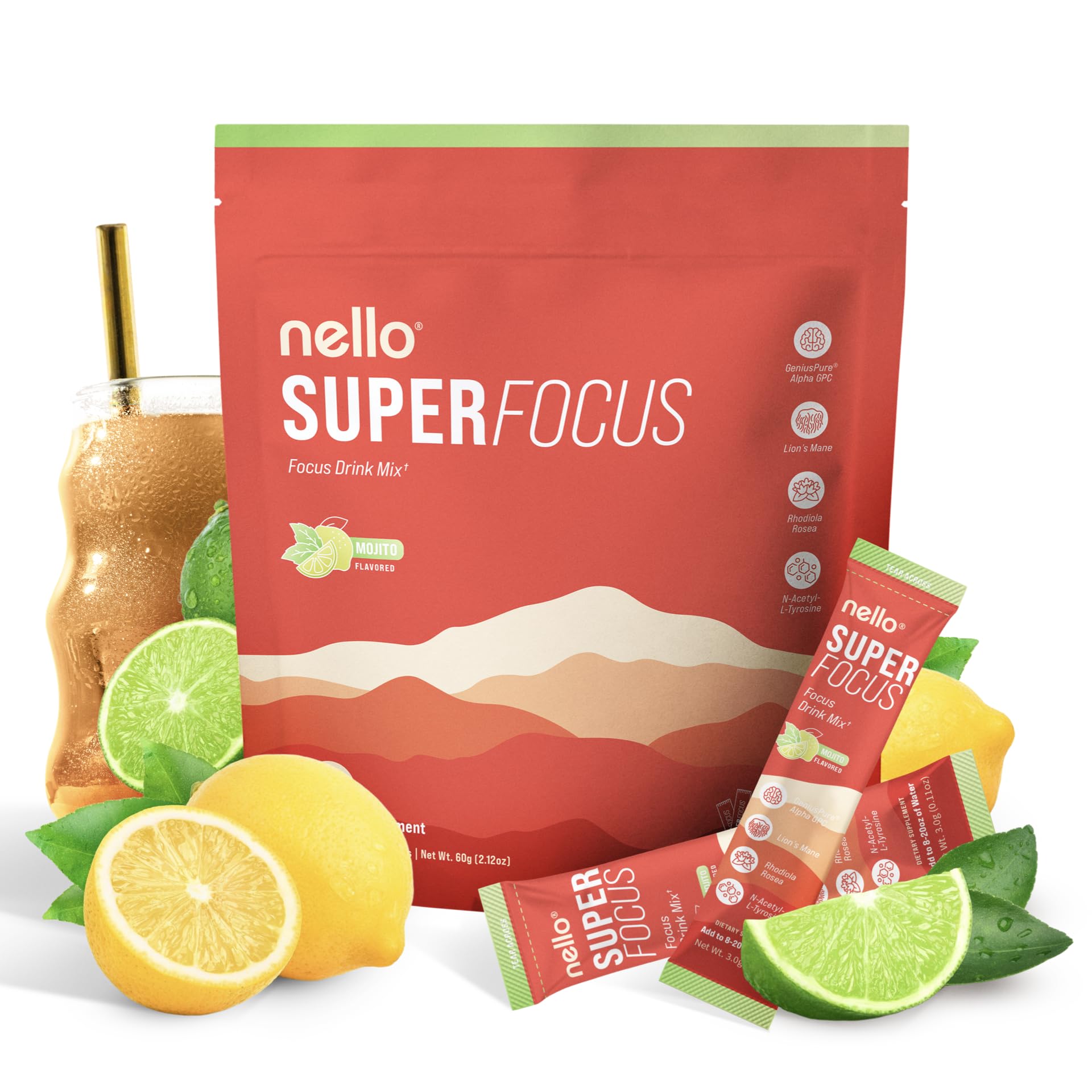 Nello Superfocus Mojito – Nootropic Focus Drink Mix, 20 On-The-Go Packets, Alpha GPC, Lion’s Mane, Rhodiola, Sugar-Free Nello buy supplements canada