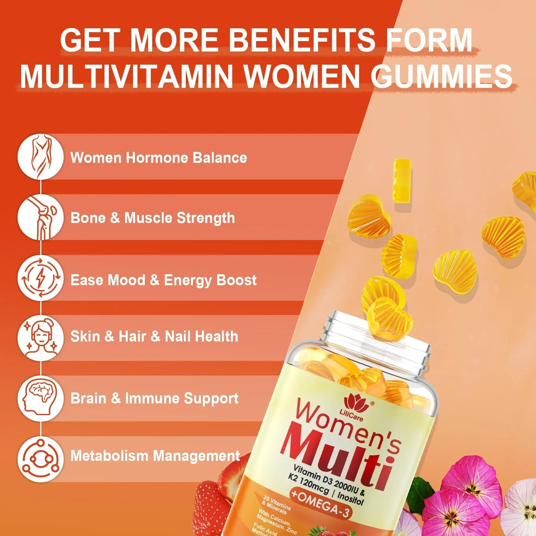Womens Multivitamin Gummy with Omega 3（DHA/EPA), Vitamin D3 K2, Calcium, Inositol, Daily Womens Vitamin A C E B Complex LILICARE buy supplements canada