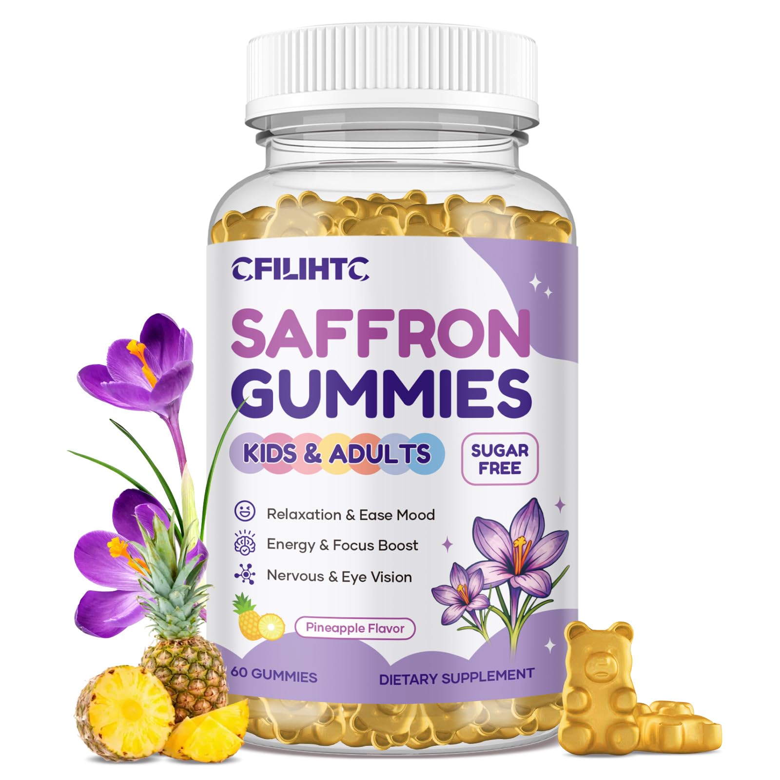 Saffron Gummies for Kids & Adults, 20-in-1 Saffron Supplements with 88.5mg Saffron Extract, B6, B12, C, D3, Magnesium for Calm, Focus, Nerve, Sugar Free, Vegan, Non-GMO - Pineapple Flavor, 60 Counts CFILIHTC buy supplements canada