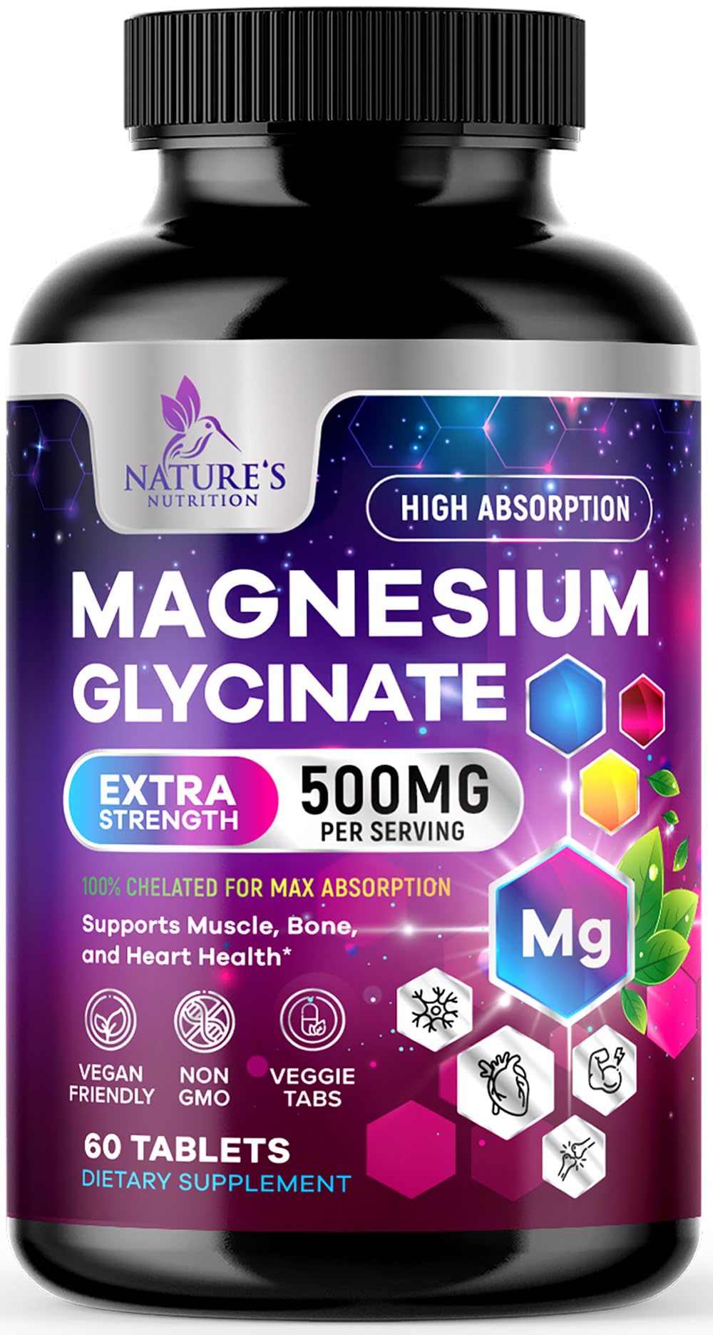 Magnesium Glycinate Supplement - 500mg Magnesium Per Serving - 100% Chelated & Purified - Supports Sleep, Heart Health, & Muscle Strength - Best Absorption Magnesium, Bottled in USA - 60 Tablets Nature's Nutrition buy supplements canada