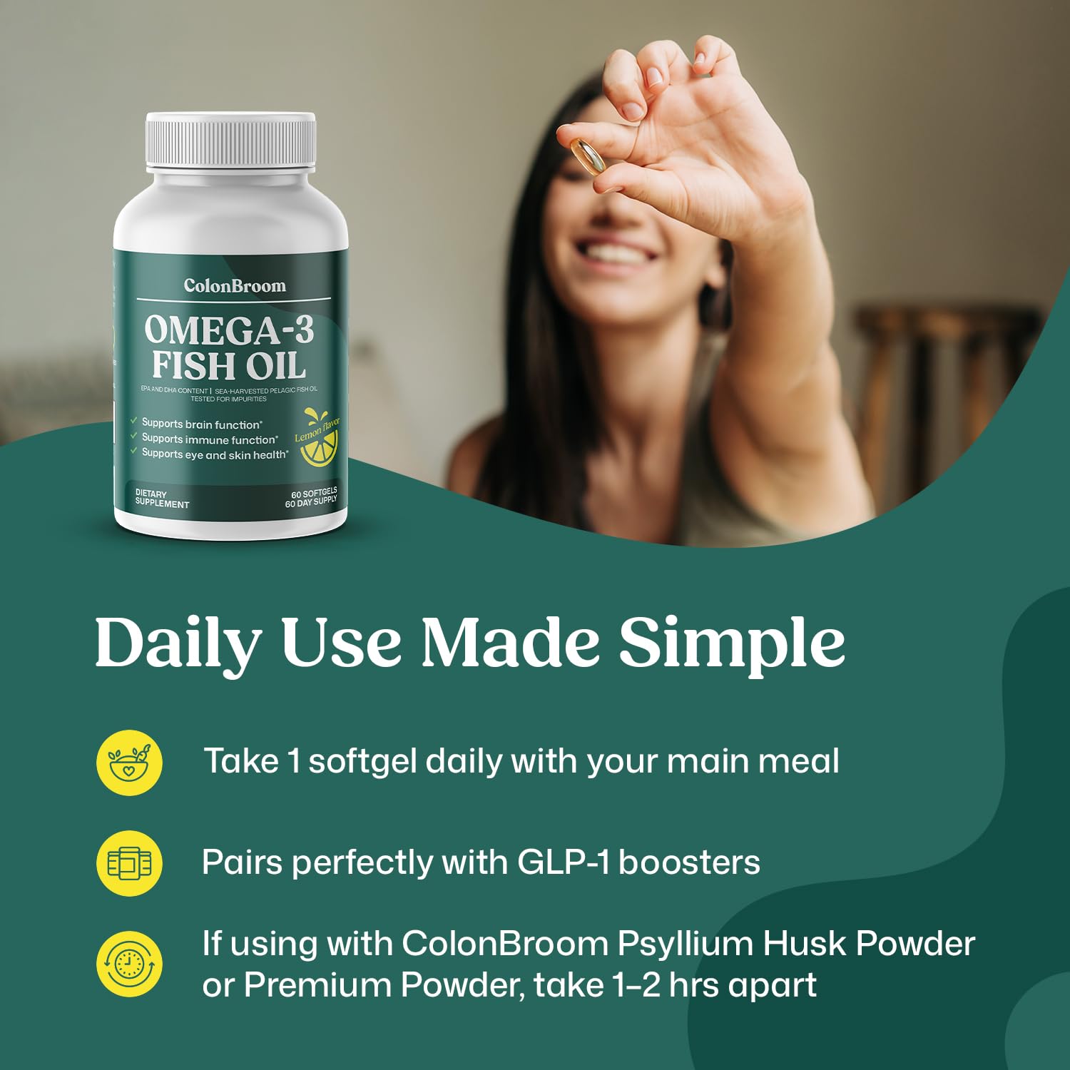 ColonBroom Omega 3 Fish Oil 2640 mg Softgels | Lemon Flavor | Daily Fish Oil Omega-3 Supplement for Women & Men with EPA & DHA | Gluten-Free, Non-GMO, Natural (60 Softgels, 2 Month Supply) ColonBroom buy supplements canada